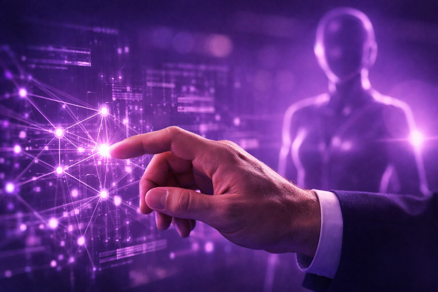 Human-in-the-loop interface showing professional collaboration with an AI assistant for enterprise AI implementation.