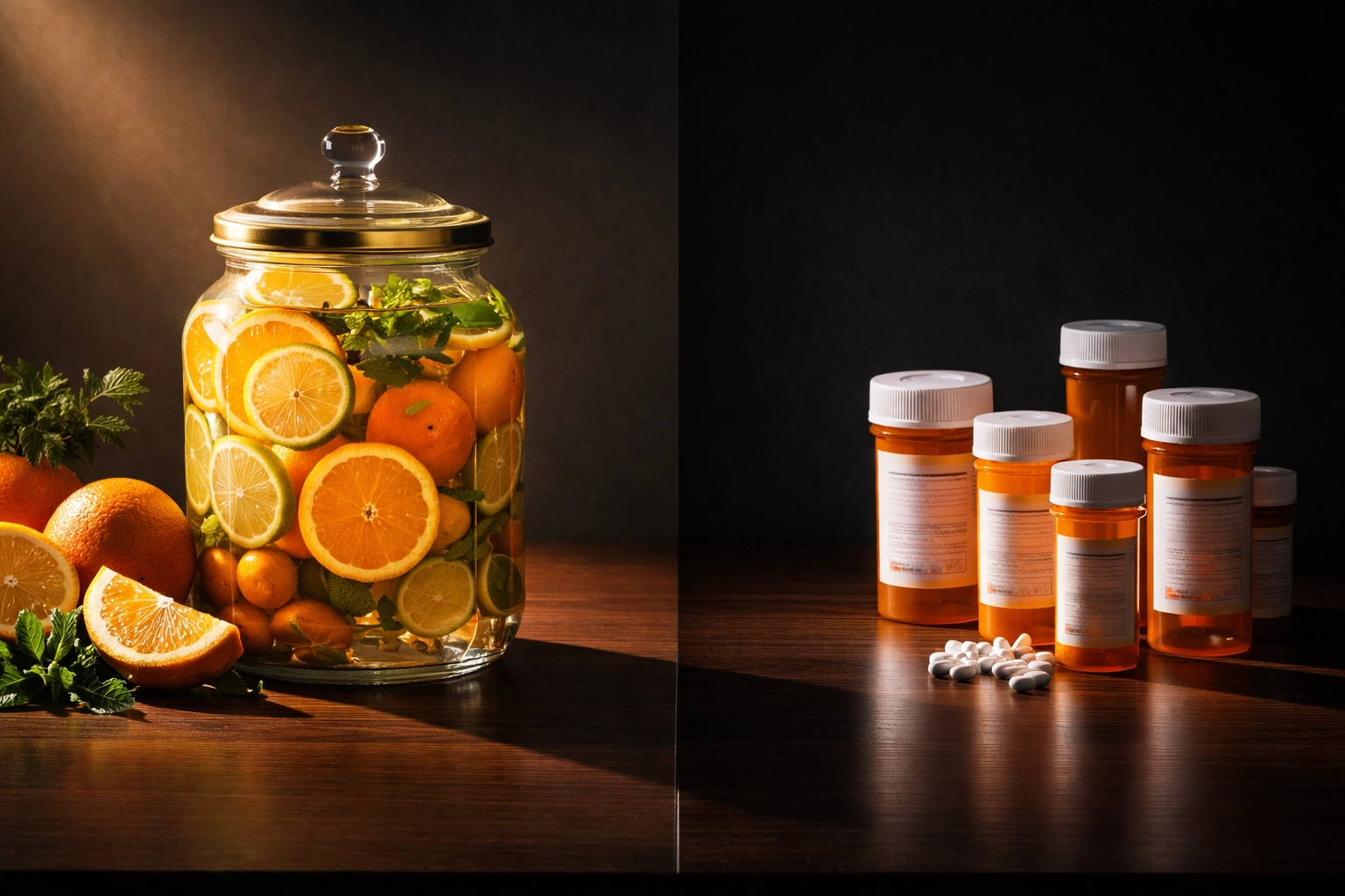 Contrast of fresh vitamin C-rich fruits and prescription bottles highlighting natural vs medication approaches to erectile dysfunction.