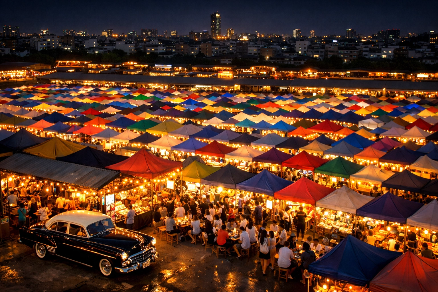 The colorful, glowing tents of the Srinakarin Train Night Market in Bangkok after dark.