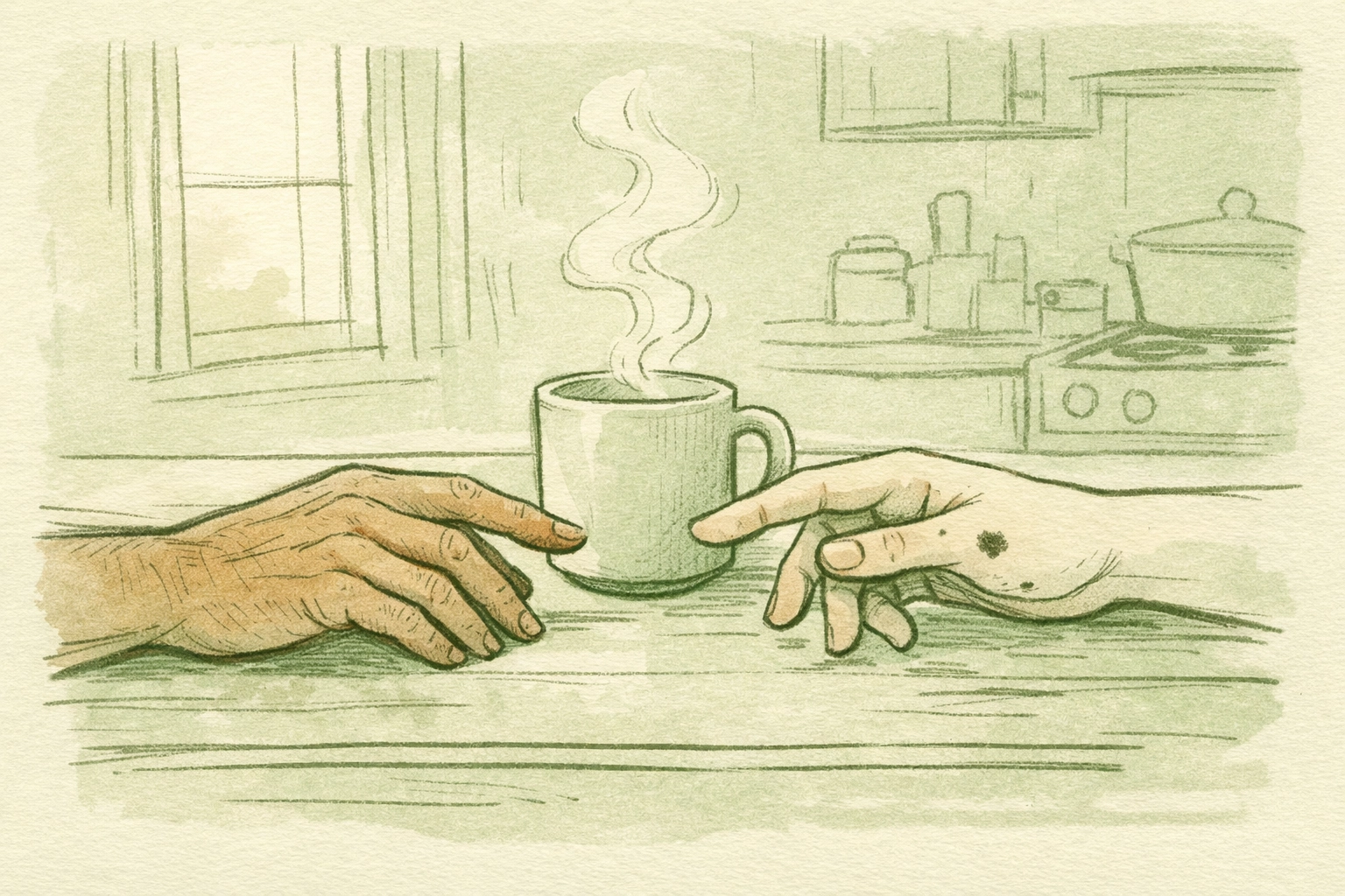 Two men's hands reaching across table - emotional gay romance reconnection moment