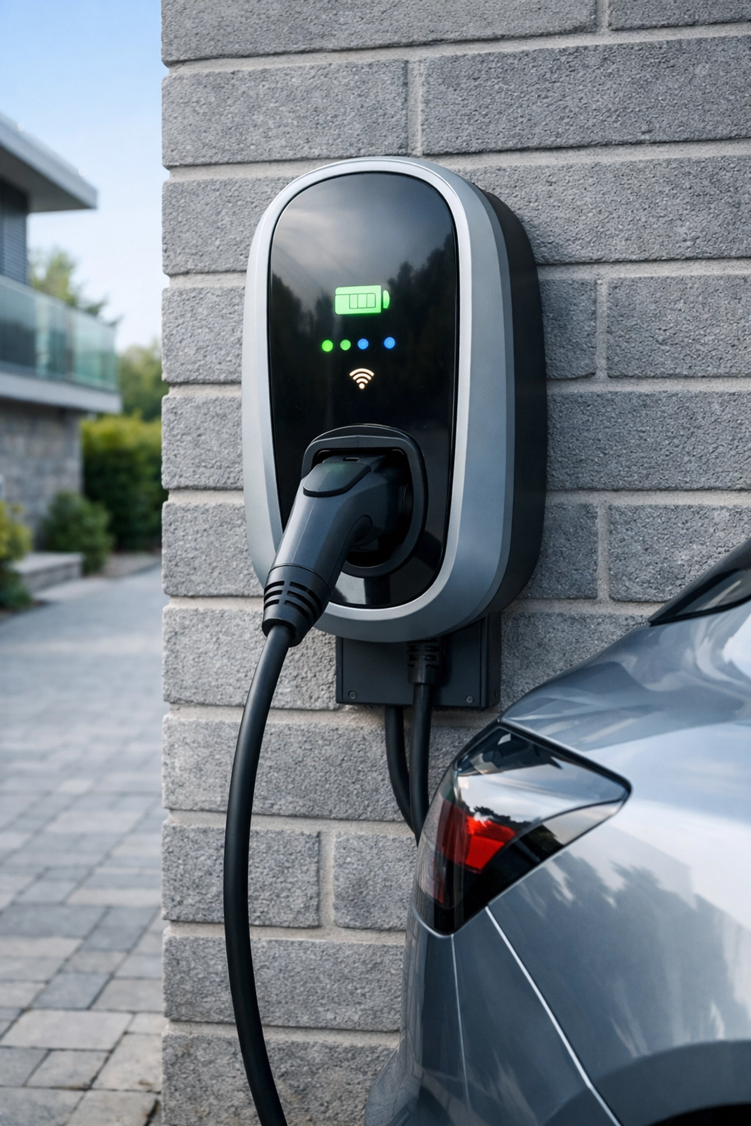 Professional EV charger installation on a grey brick wall for a modern Dorset rental property.
