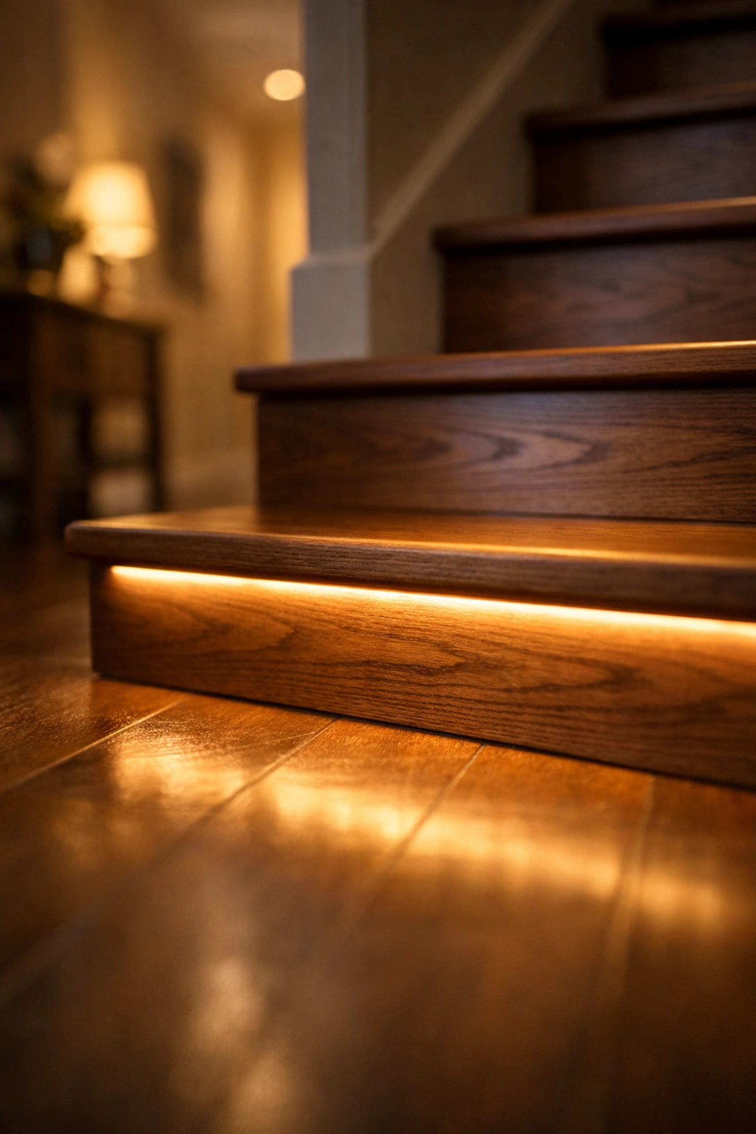 Motion-sensor LED lights illuminating wooden stair treads to improve visibility and prevent night falls.