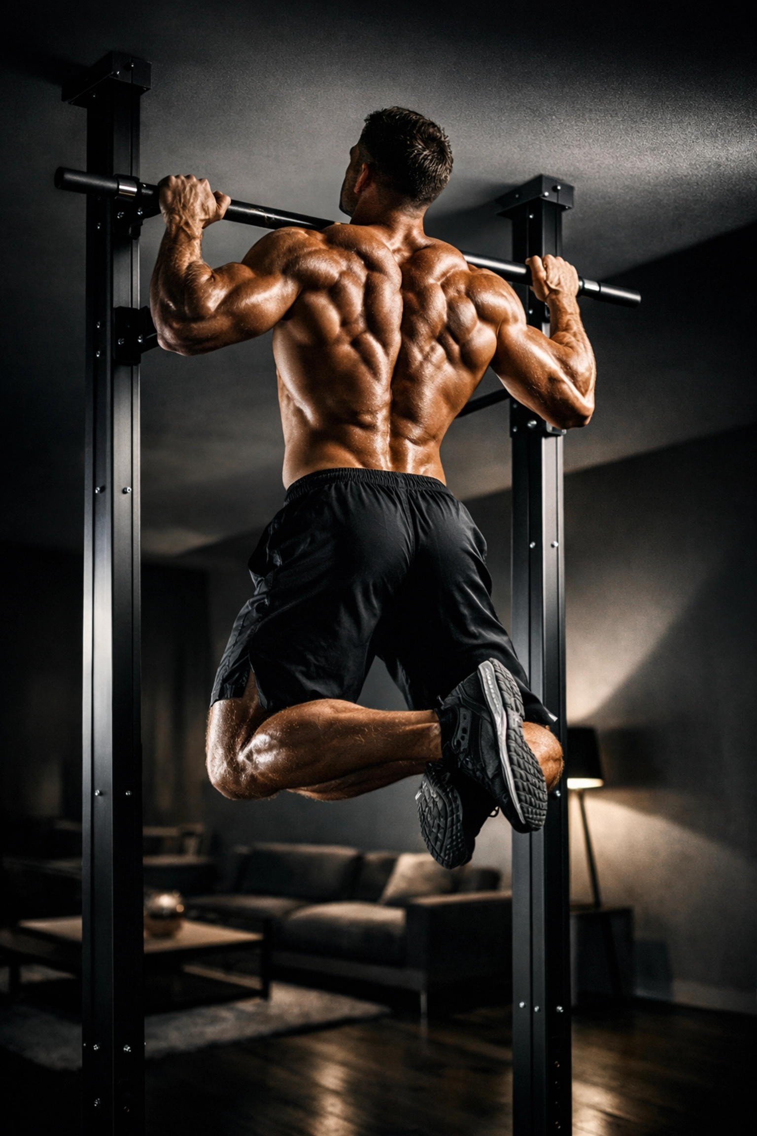 Muscular athlete executing pull-up on floor-to-ceiling home gym equipment system