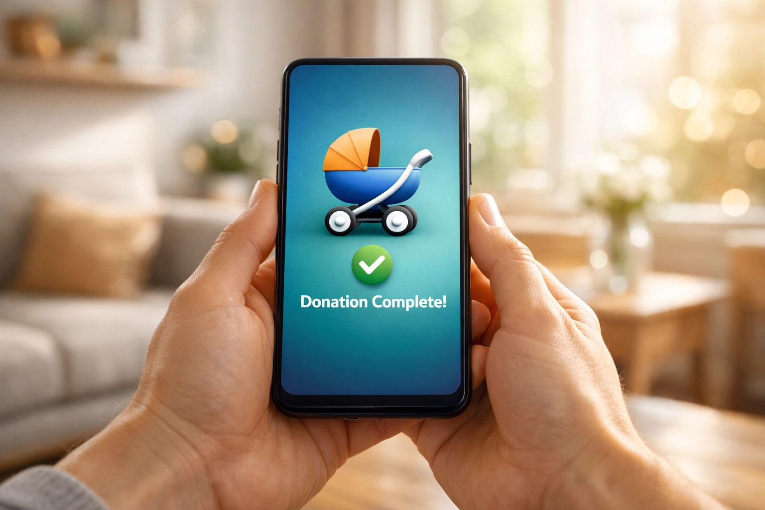 Hands holding a smartphone showing a stroller icon for a completed pro-life donation.