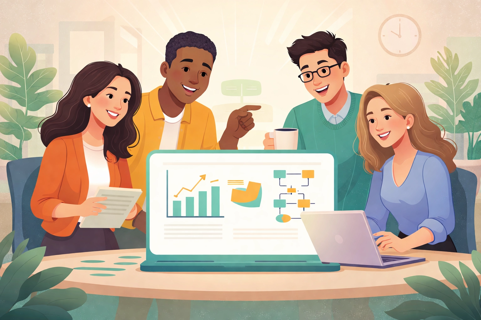 Diverse team collaborating around a screen, highlighting SMB productivity with unified business software