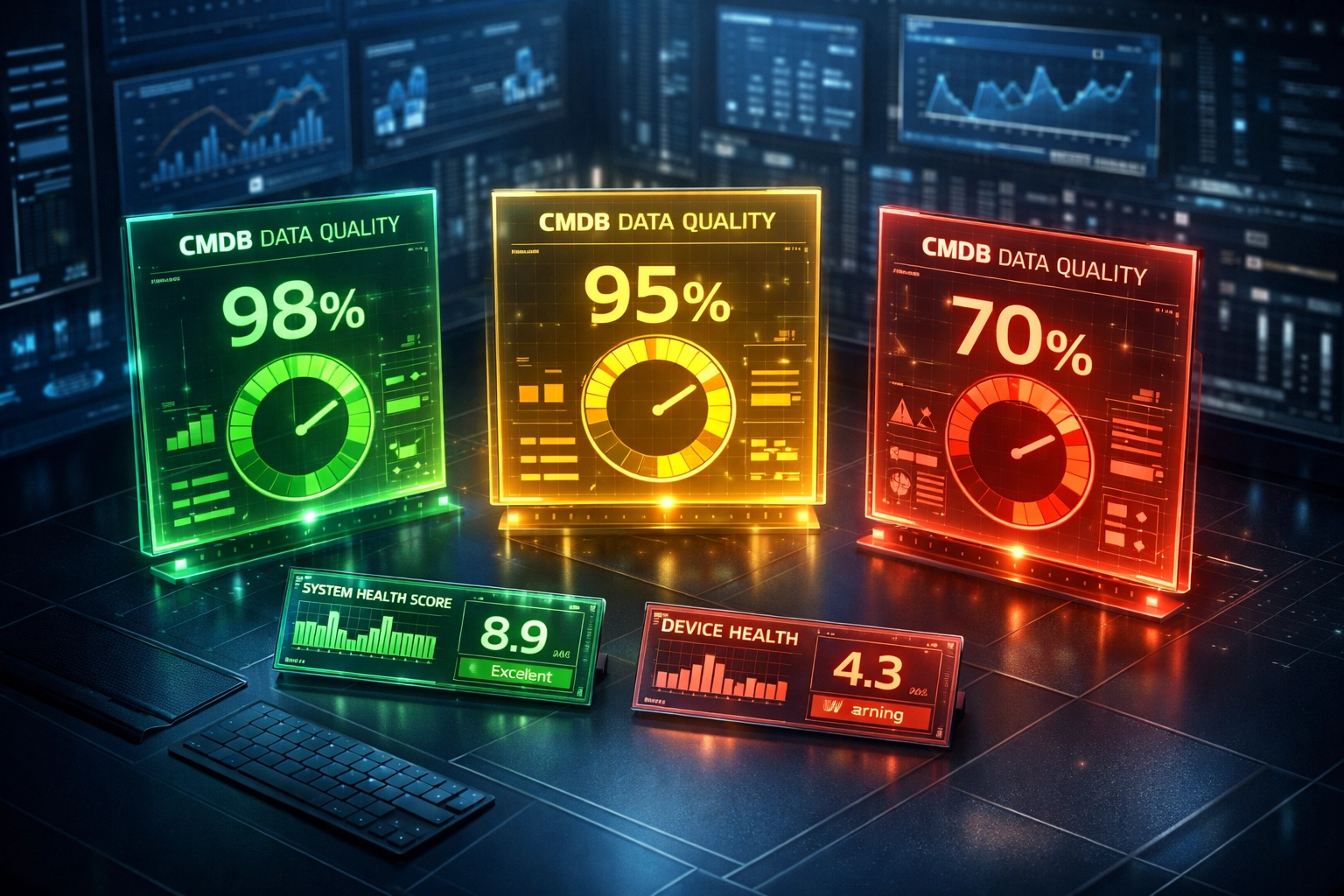 ServiceNow CMDB accuracy dashboard showing 98% target vs 70% catastrophic zone for ITOM implementation