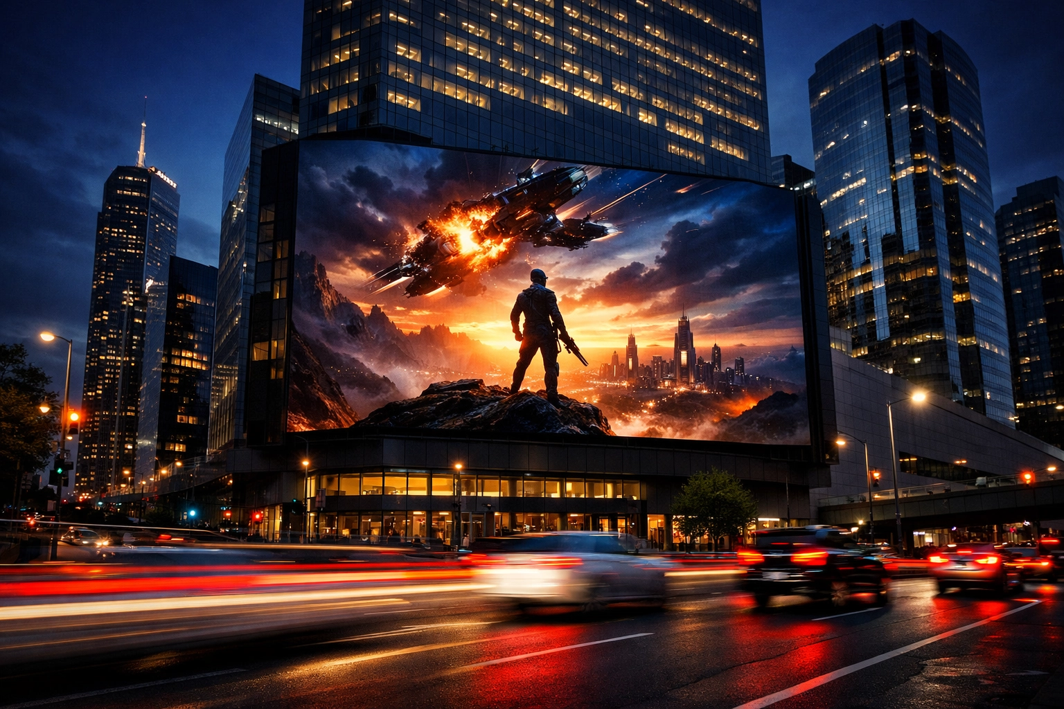 A high-definition digital billboard on a city skyline representing high-stakes advertising and media assets.