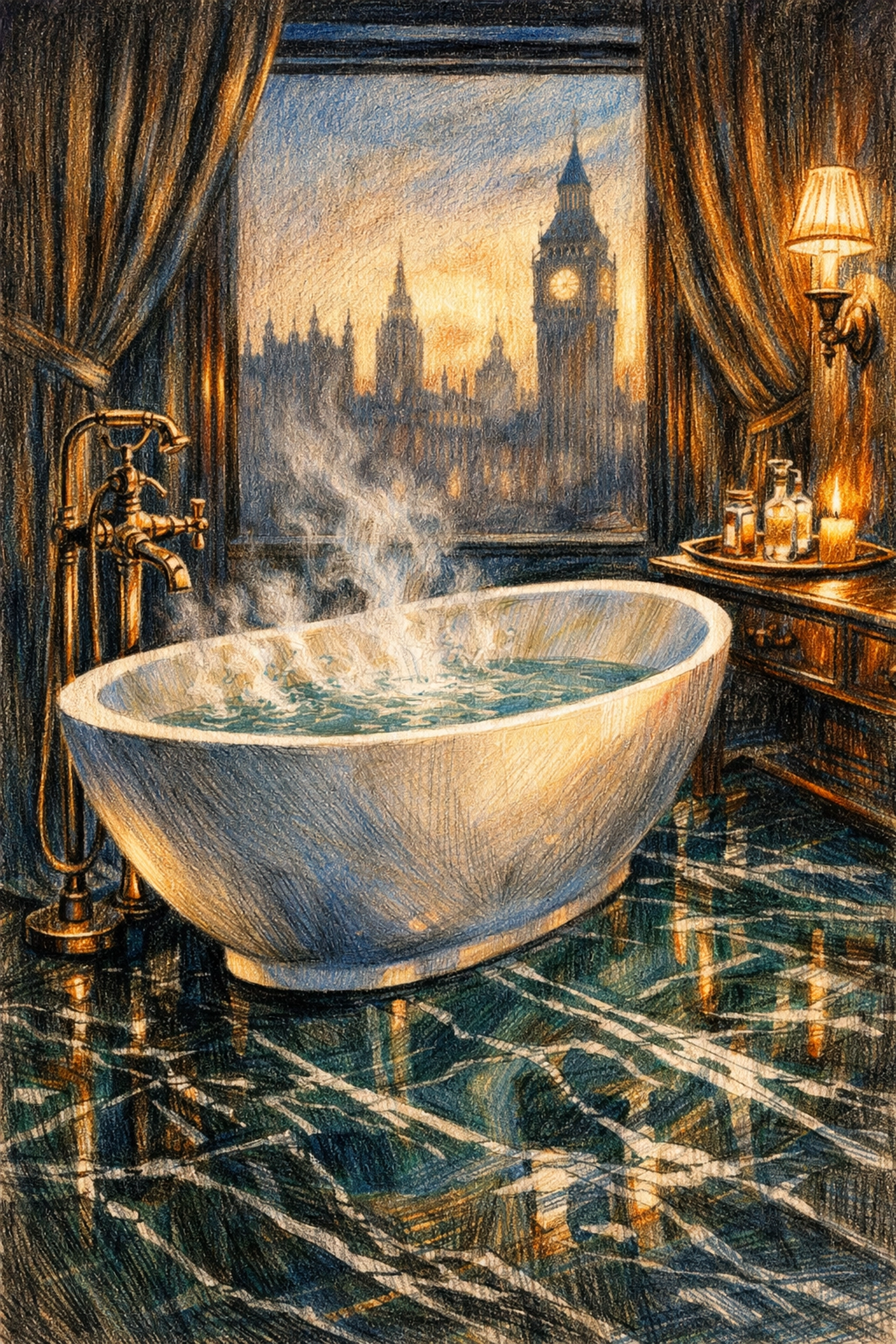 Modern luxury hotel bathroom featuring a marble floor and soaking tub with a city skyline view.