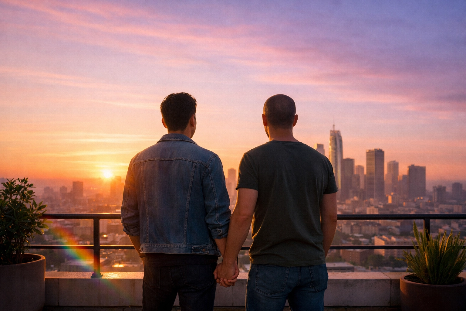 Two men holding hands on a rooftop at sunrise, symbolizing a bright queer future and hopeful visions.