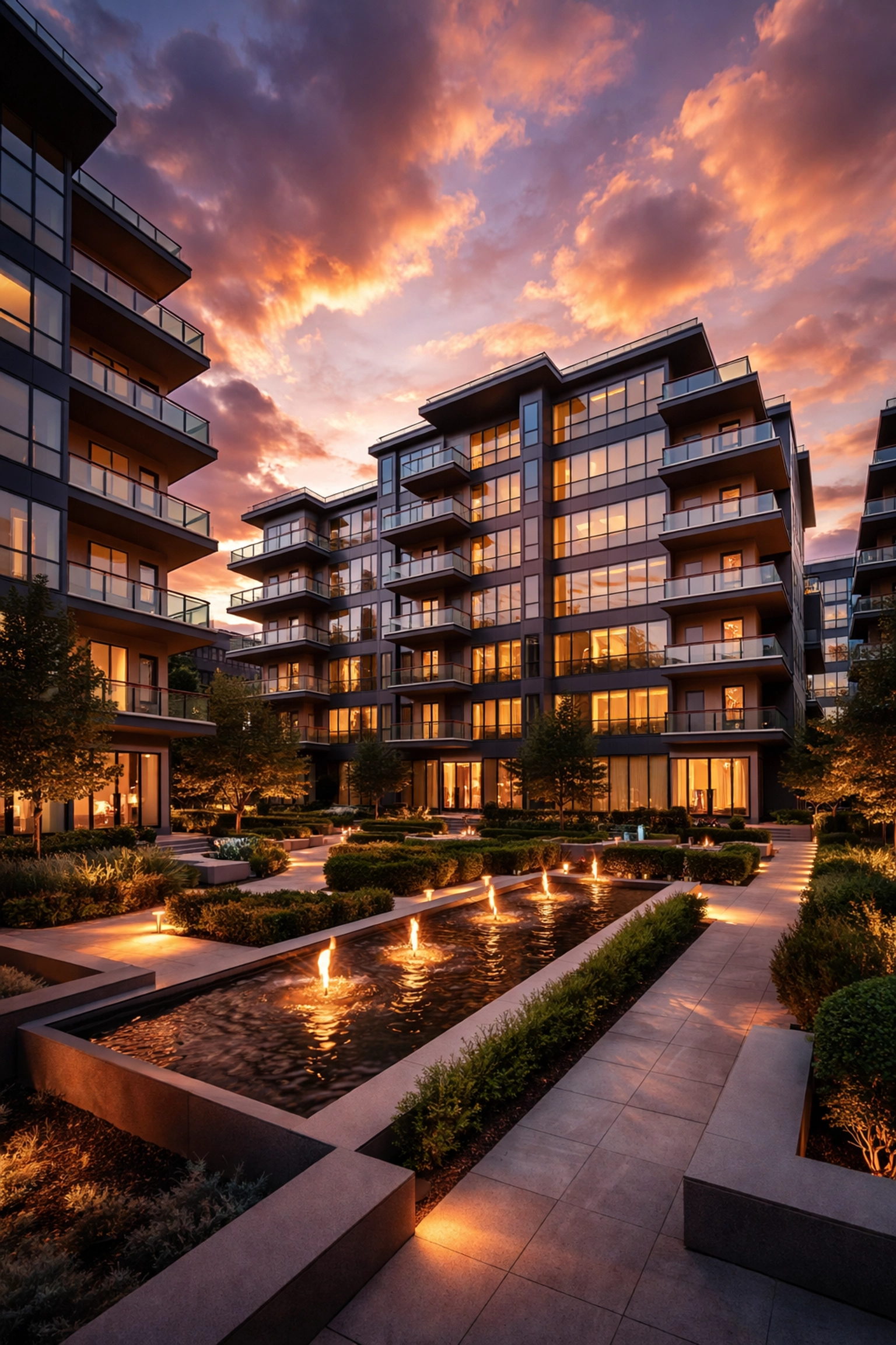 Modern luxury apartment building at sunset representing real estate syndication and premium investment opportunities.