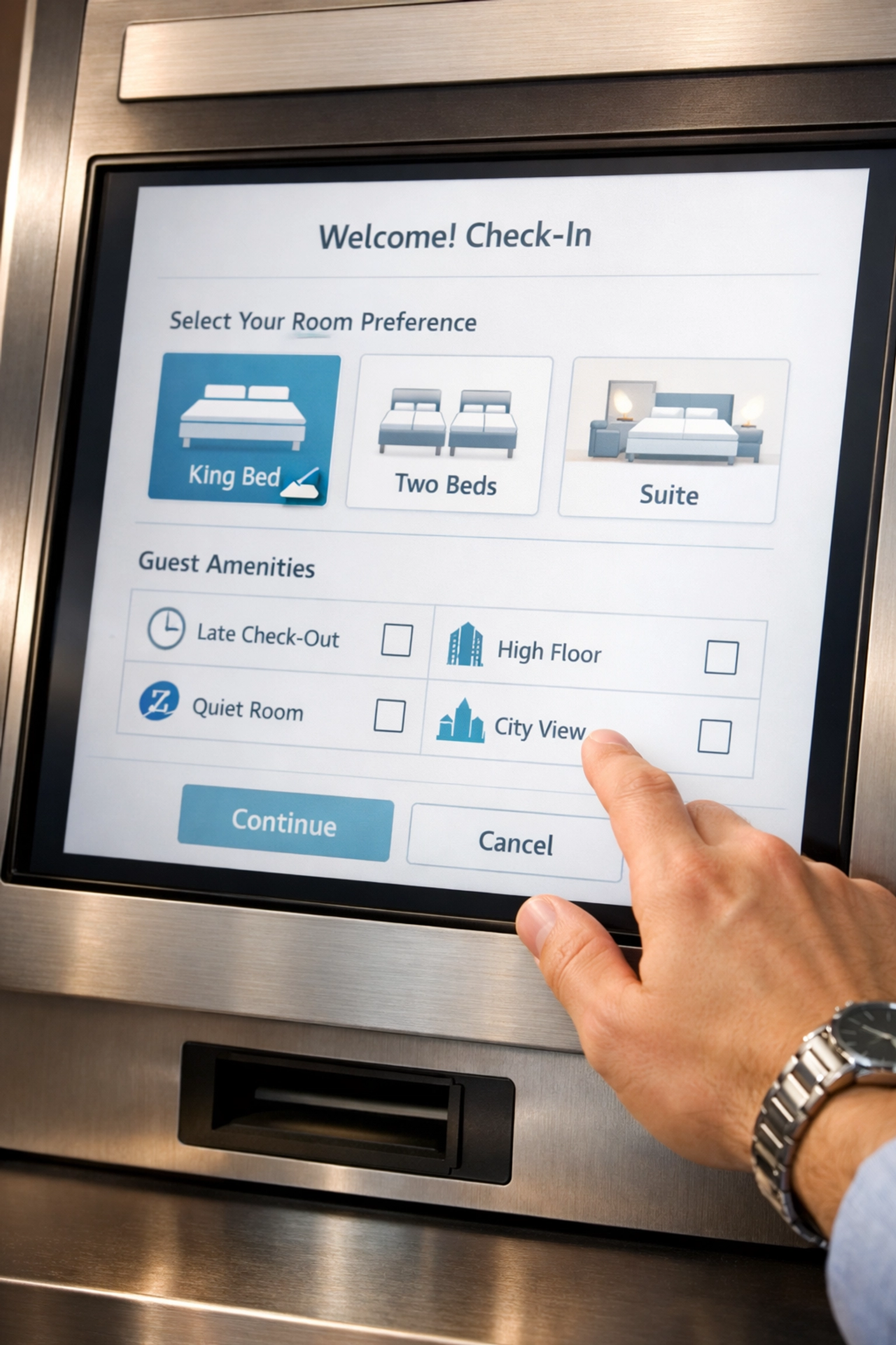 Guest using hotel self-check-in kiosk touchscreen to select room preferences and amenities