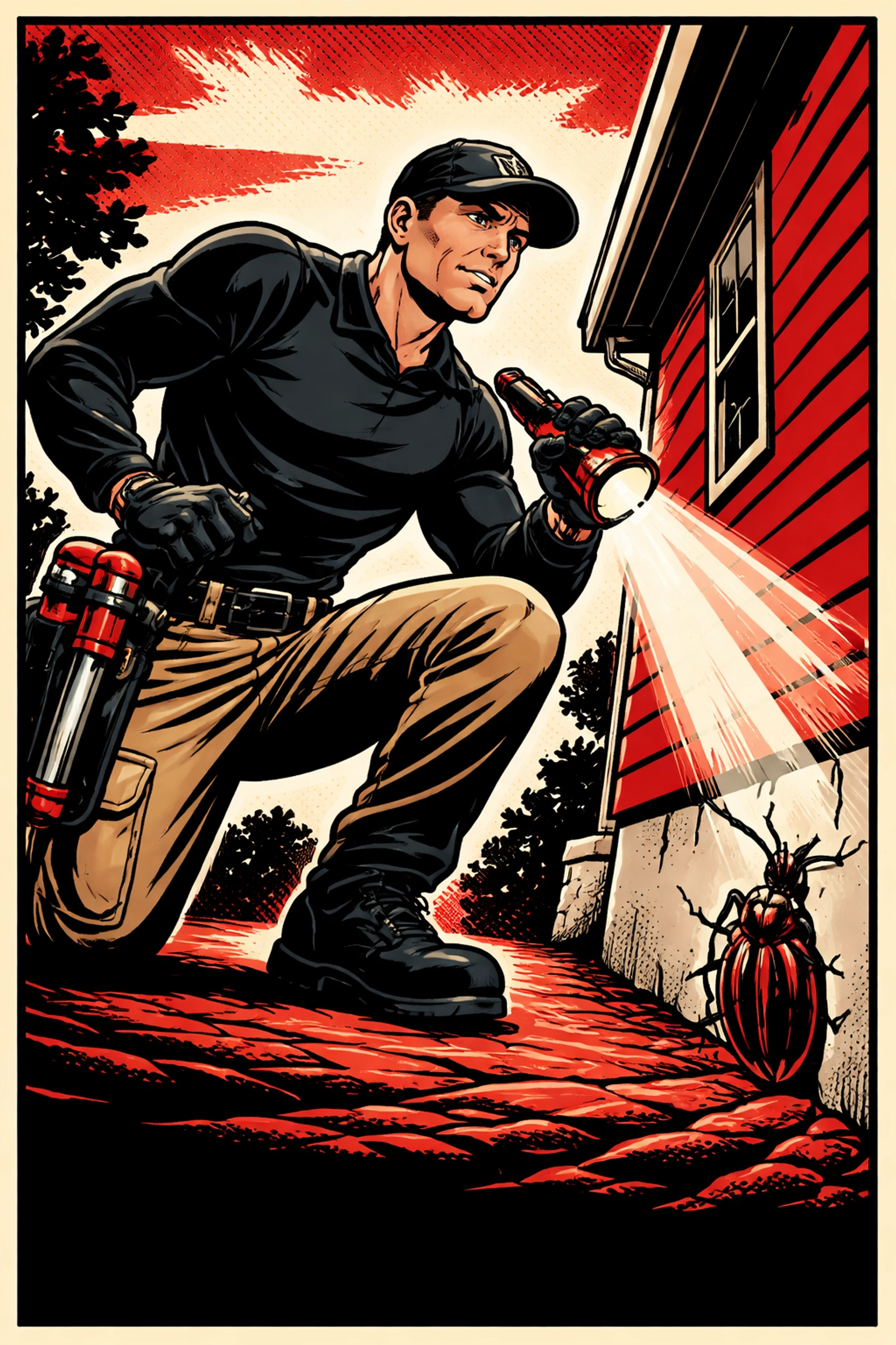 Pop art style image of a Pest X technician inspecting a house foundation for pests, emphasizing proactive quarterly pest control in Alabama.