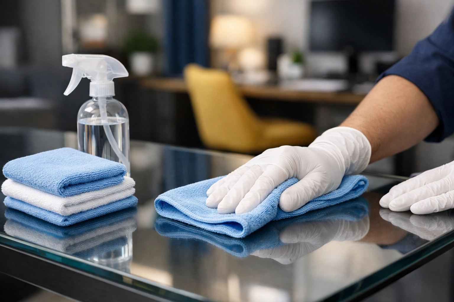 Professional cleaner sanitizing a glass desk in Woburn using eco-friendly tools and precision techniques.