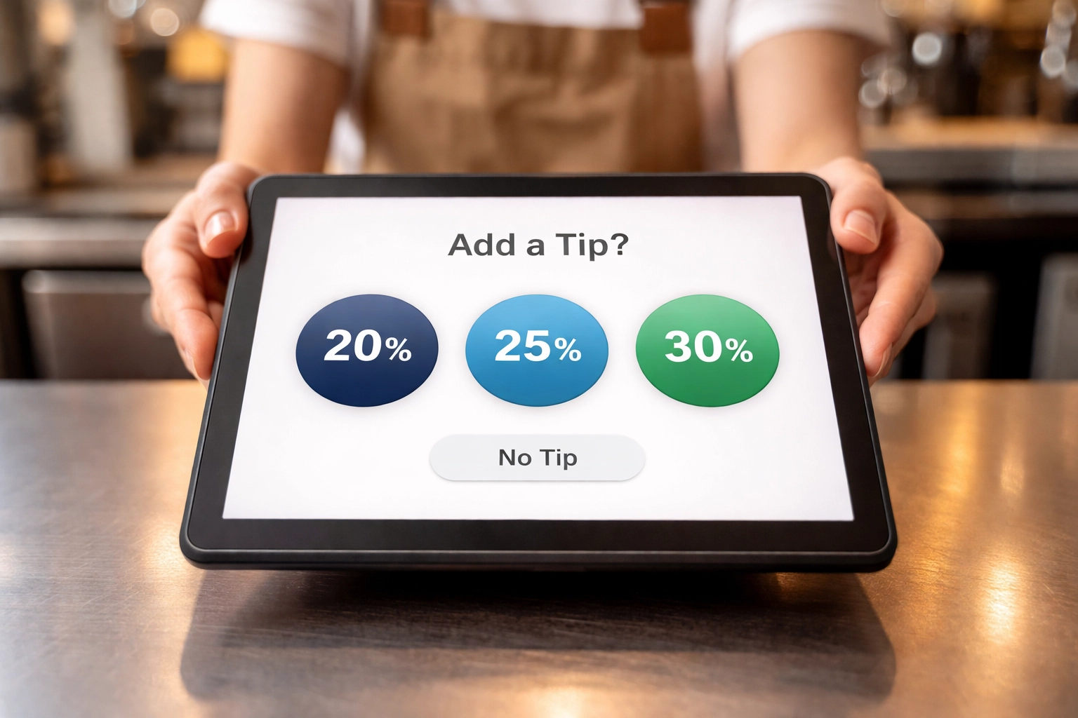 Point-of-sale tablet with tip options at a coffee shop, illustrating the rise of digital tipping in restaurants