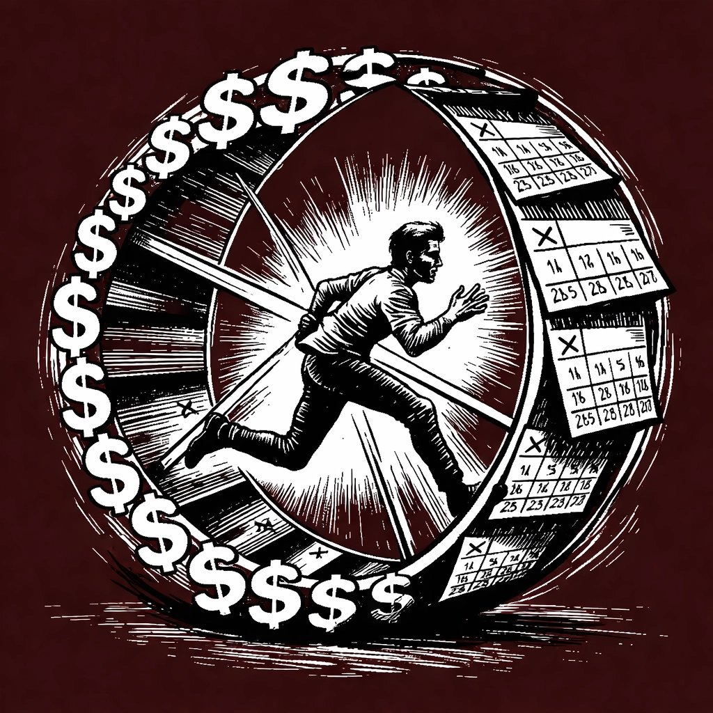 Creator running inside a hamster wheel made of dollar signs, illustrating the freelance trap and burnout