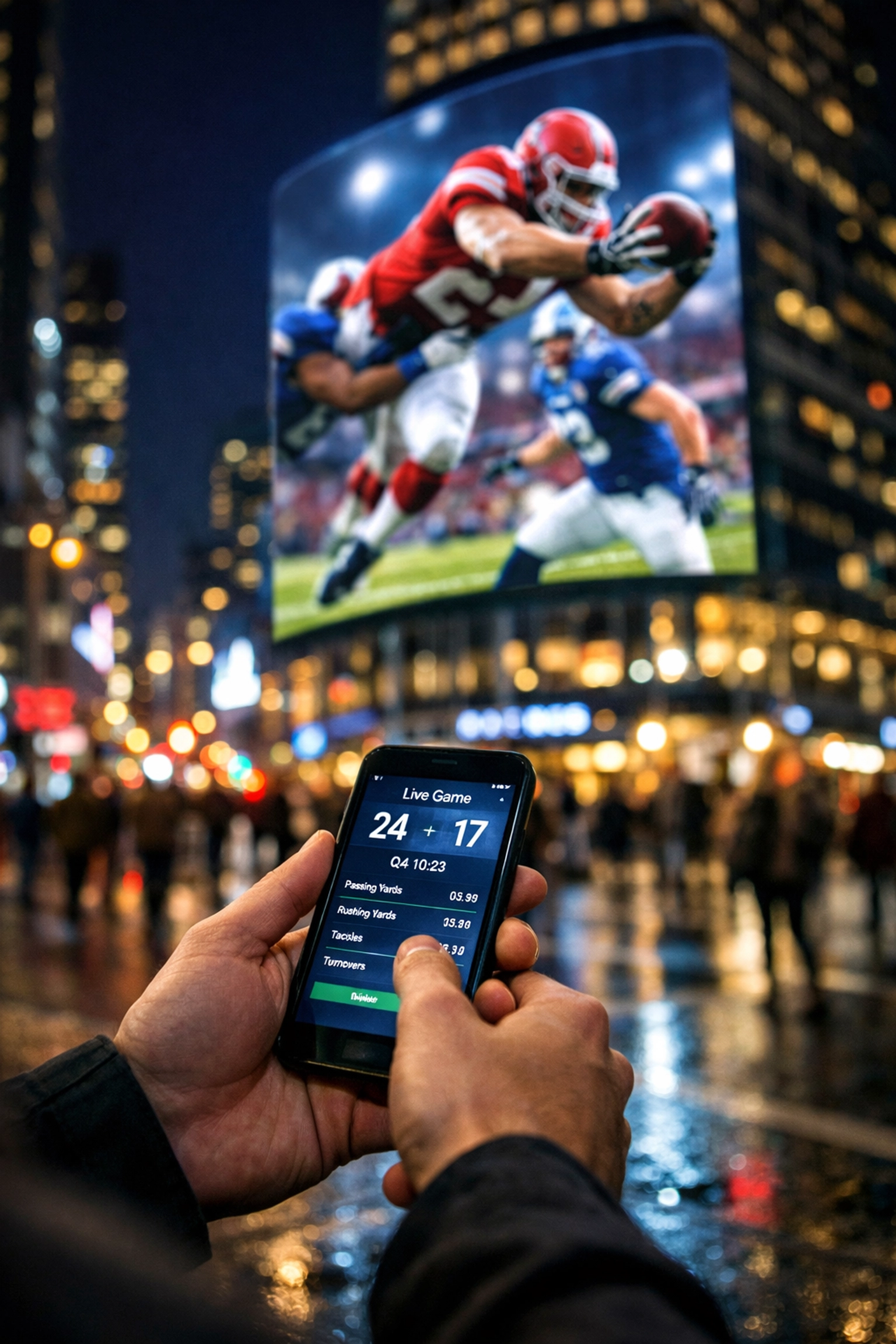 A sports fan using a smartphone in front of a giant digital billboard, showing multiscreen DOOH advertising trends.