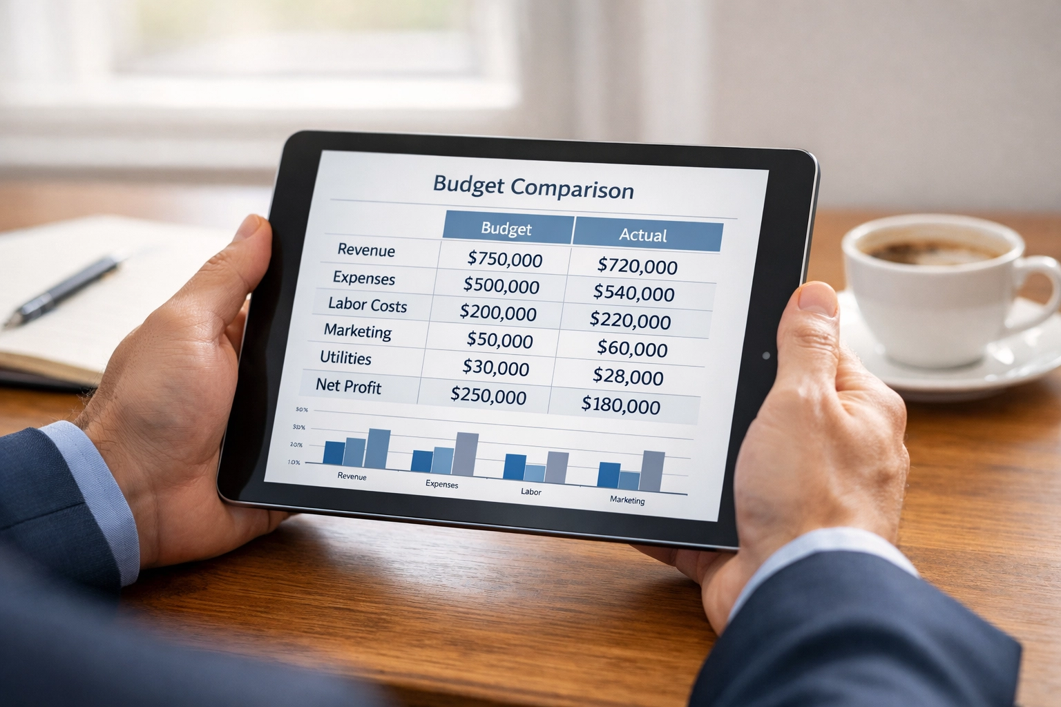 Business owner reviewing budget vs actual report on tablet for financial tracking