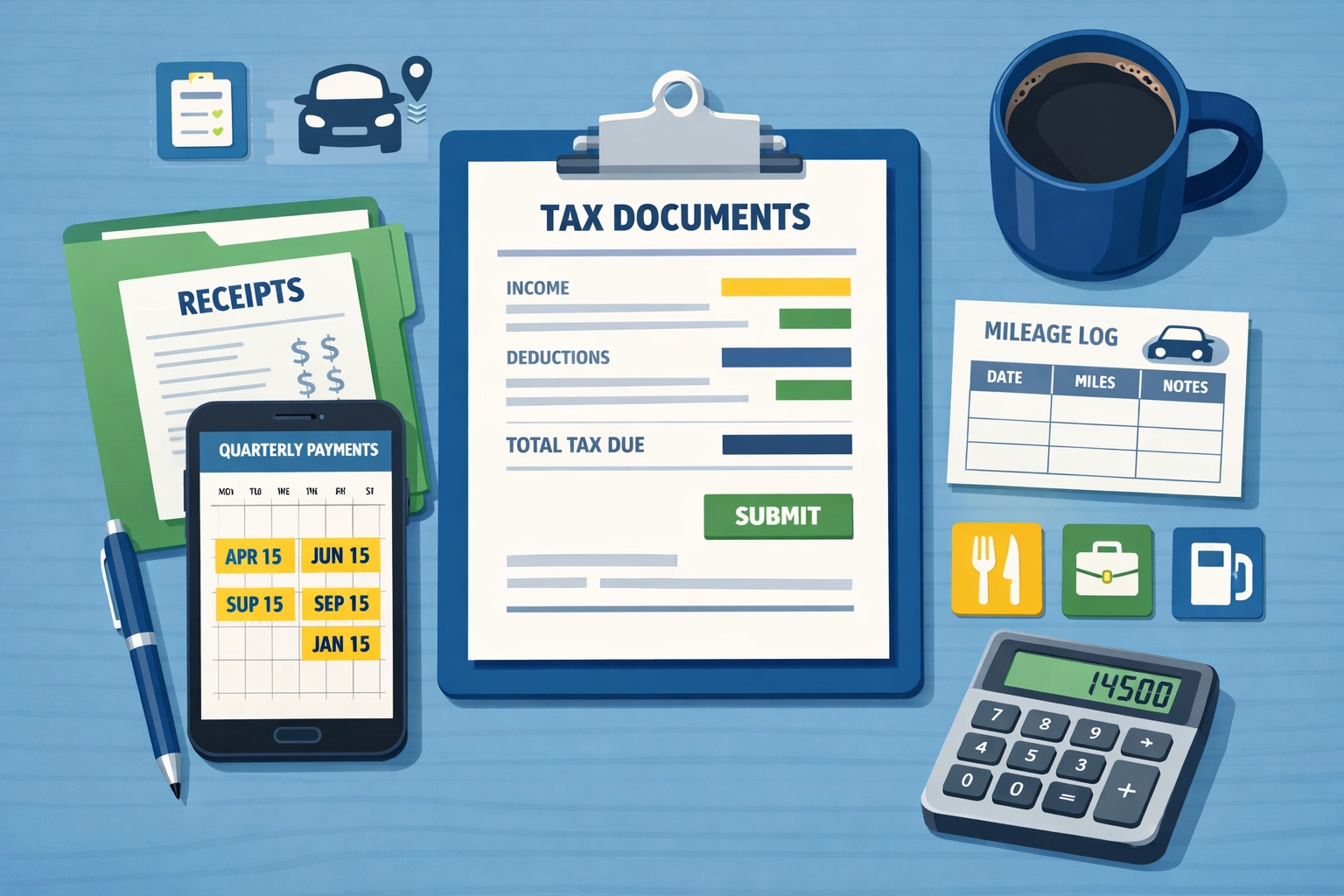 Organized tax documents and quarterly payment calendar for self-employed taxpayers