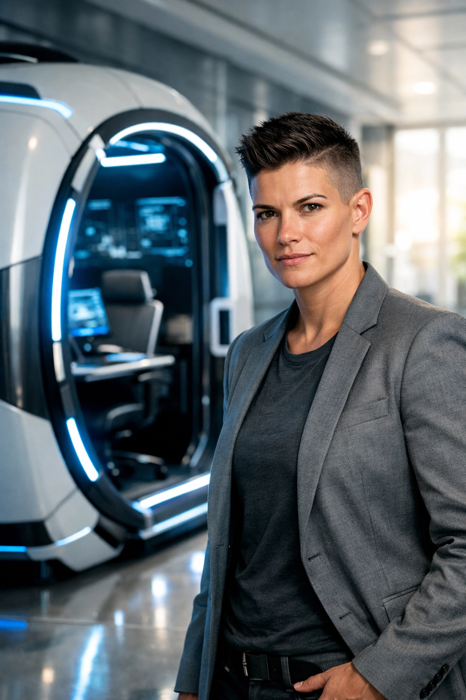 SkillBridge recruit transitioning from military to corporate career next to a modern professional pod.