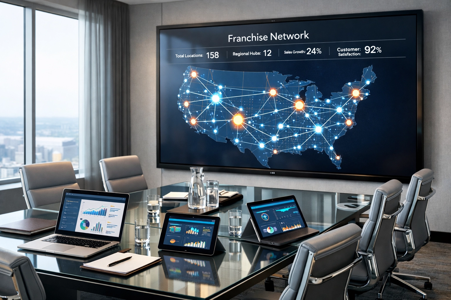 Executive boardroom with franchise network map showing centralized operational visibility