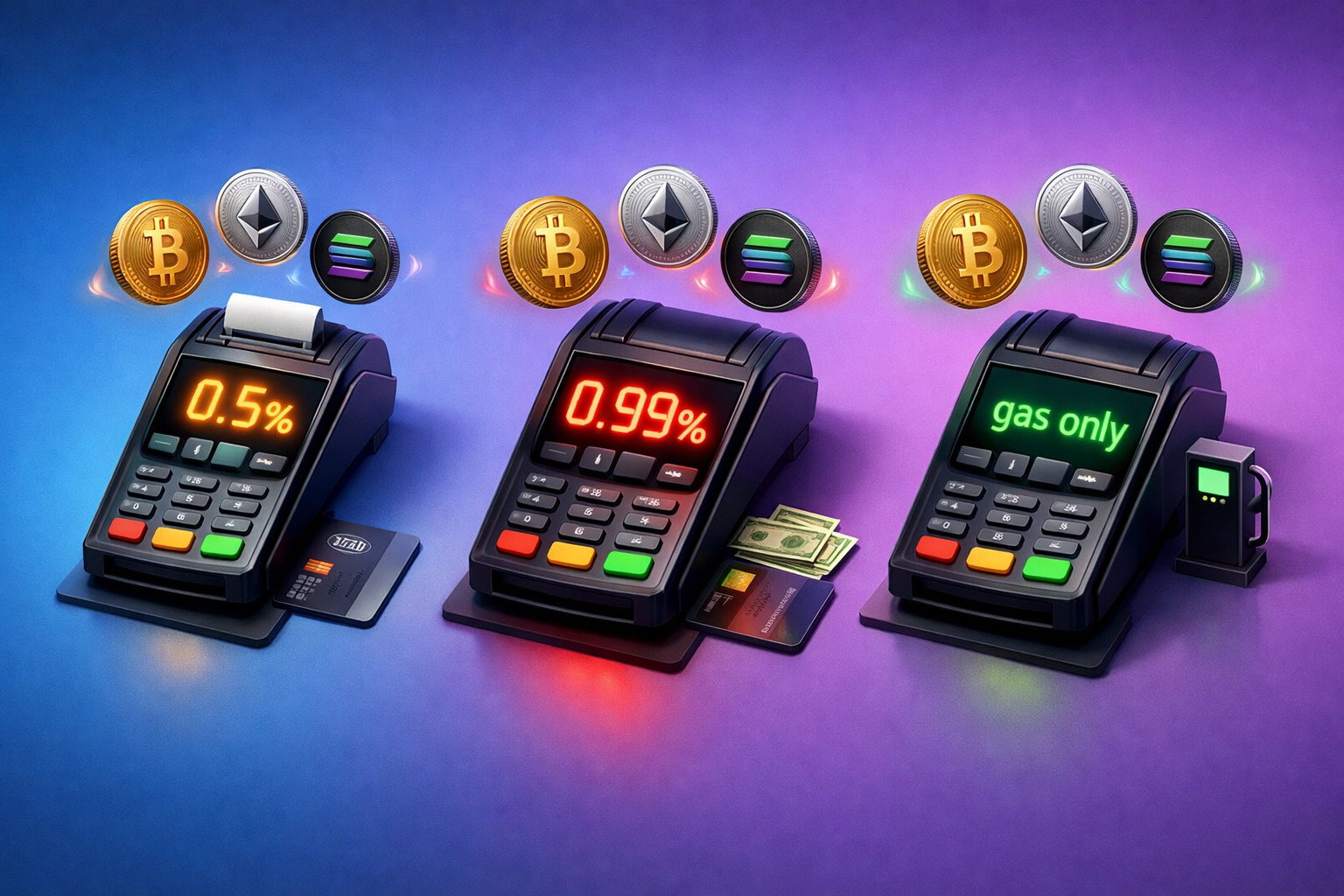 Crypto POS fee comparison showing NOWPayments 0.5%, Triple-A 0.99%, and Larecoin gas-only fees