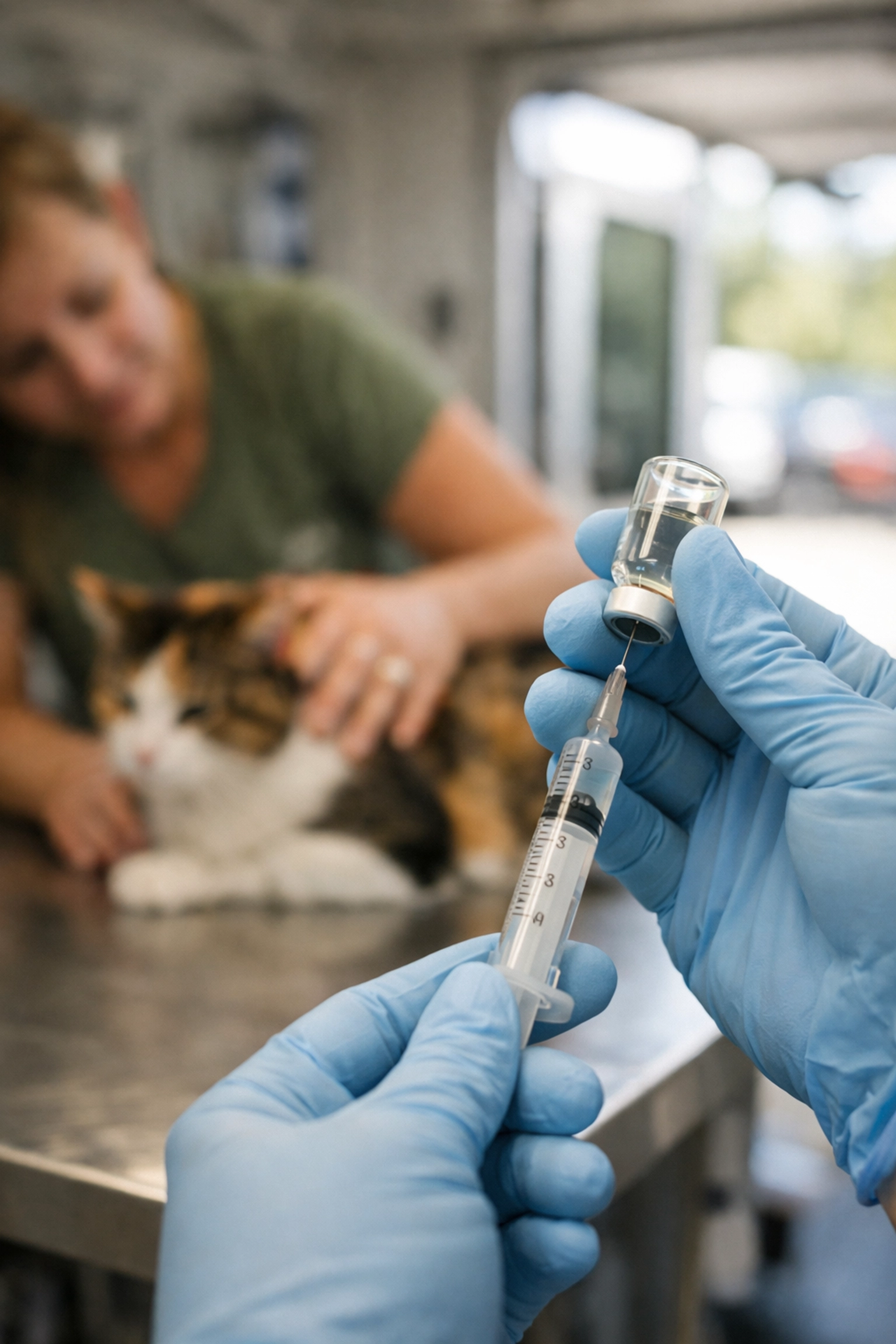 Close-up of a technician preparing free cat vaccinations in a mobile spay neuter clinic.