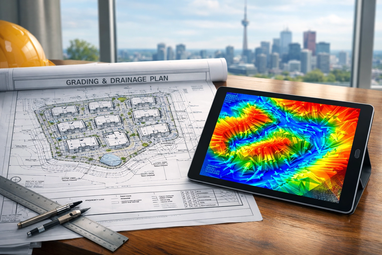 Civil engineering grading plan and digital stormwater drainage map for successful Ontario site plan approvals.