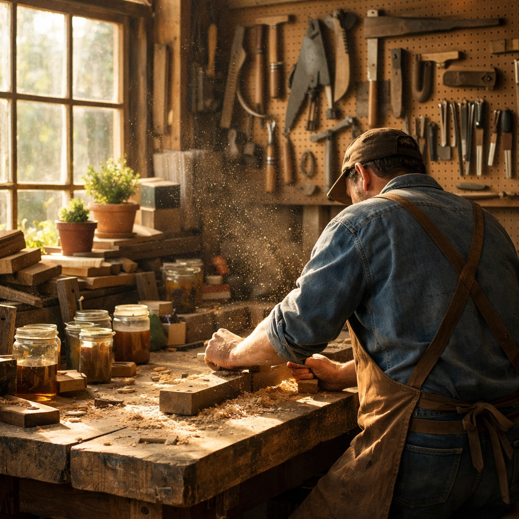 Artisan woodworker's sustainable studio with reclaimed wood and traditional hand tools on workbench