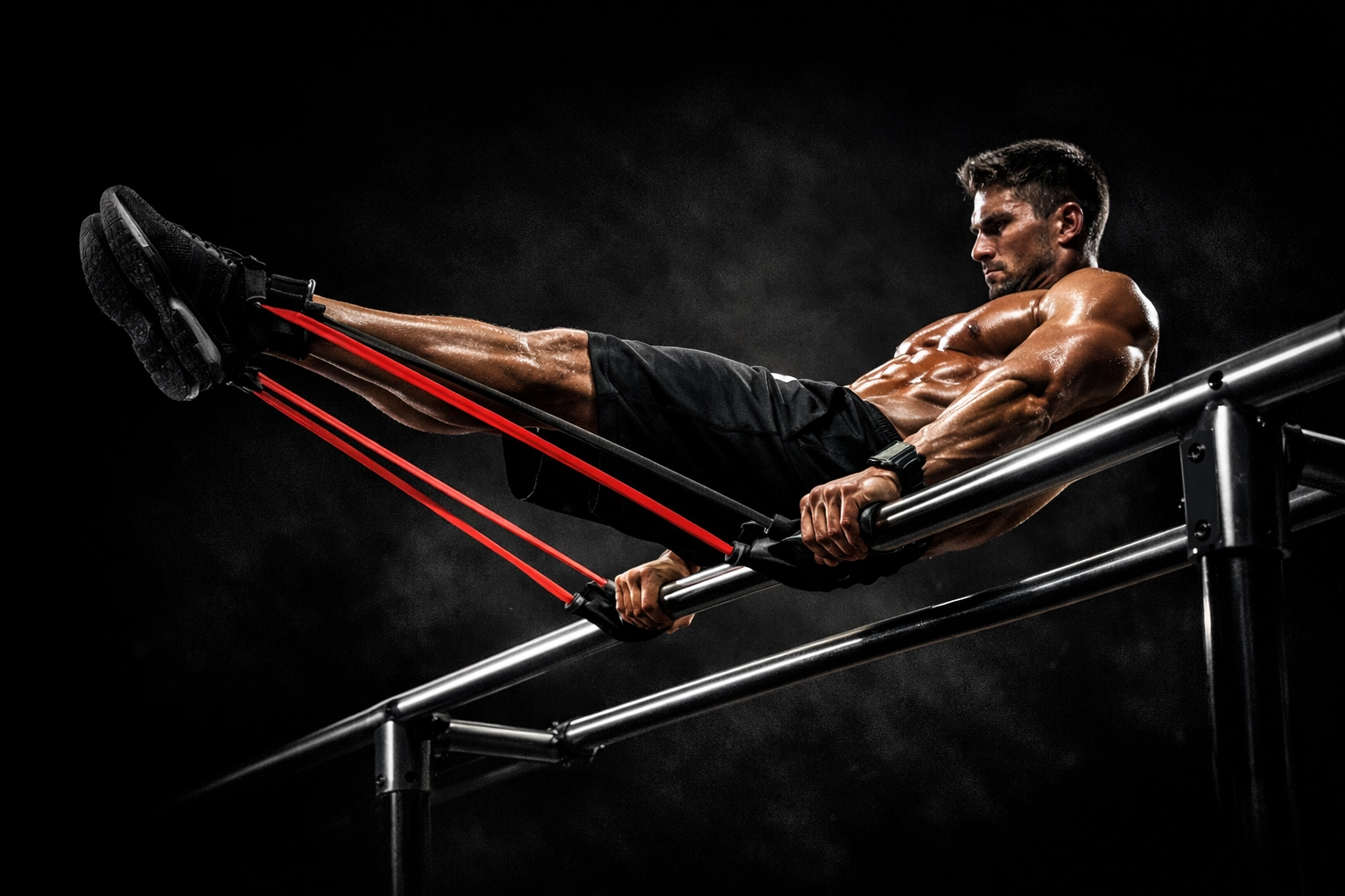 Calisthenics athlete using the Resistance Rail for core stability and explosive bodyweight training at home.