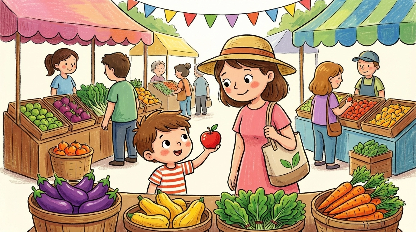 A child and parent shop together at a busy farmers market, discussing food choices and seasonal produce.