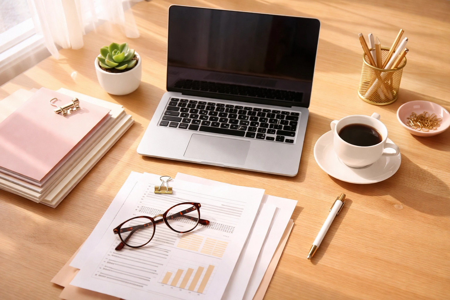 Overhead view of an organized home office workspace representing efficient back office support for small businesses.