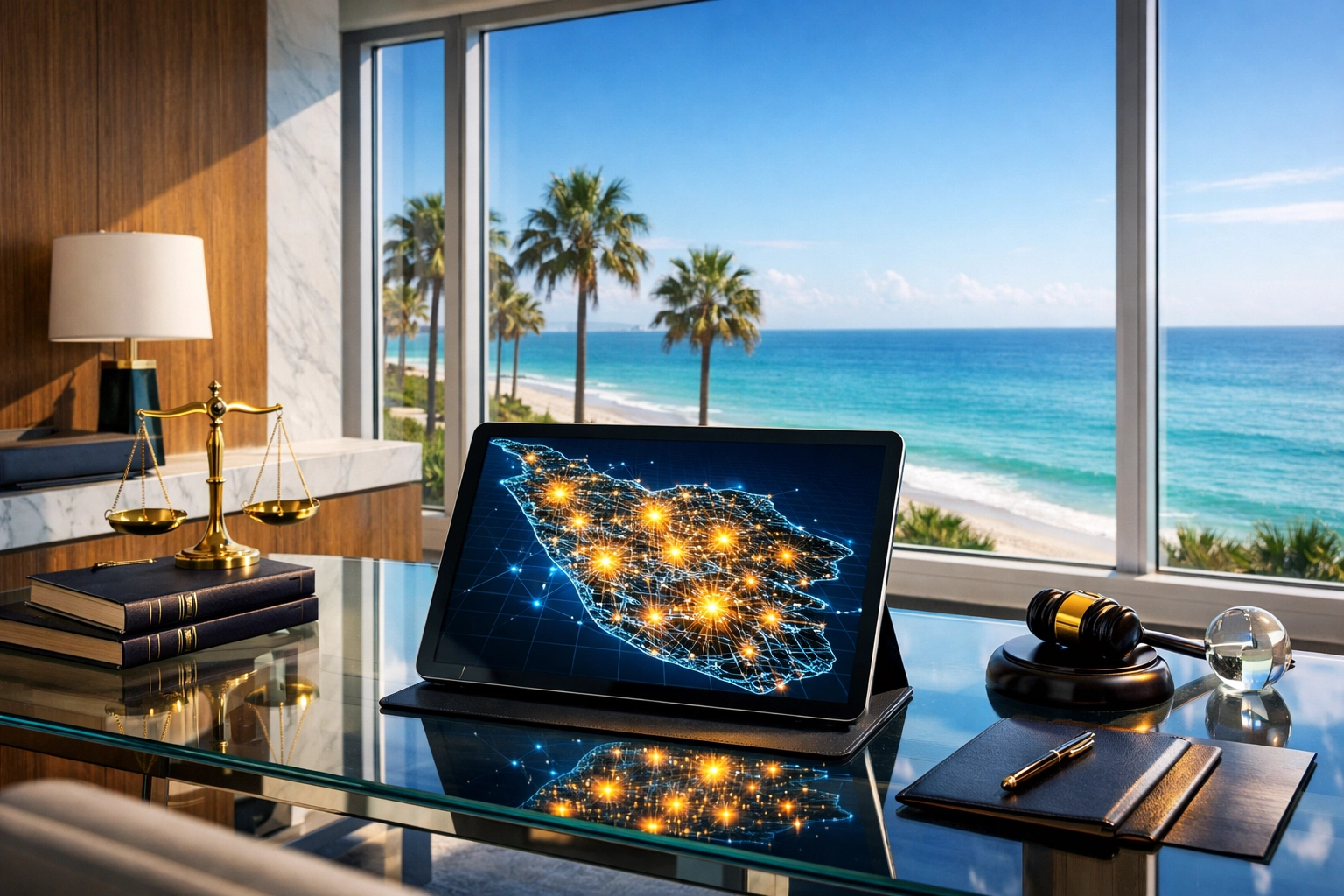 Professional Venice FL law office with a tablet displaying a local search map for Venice Island SEO visibility.