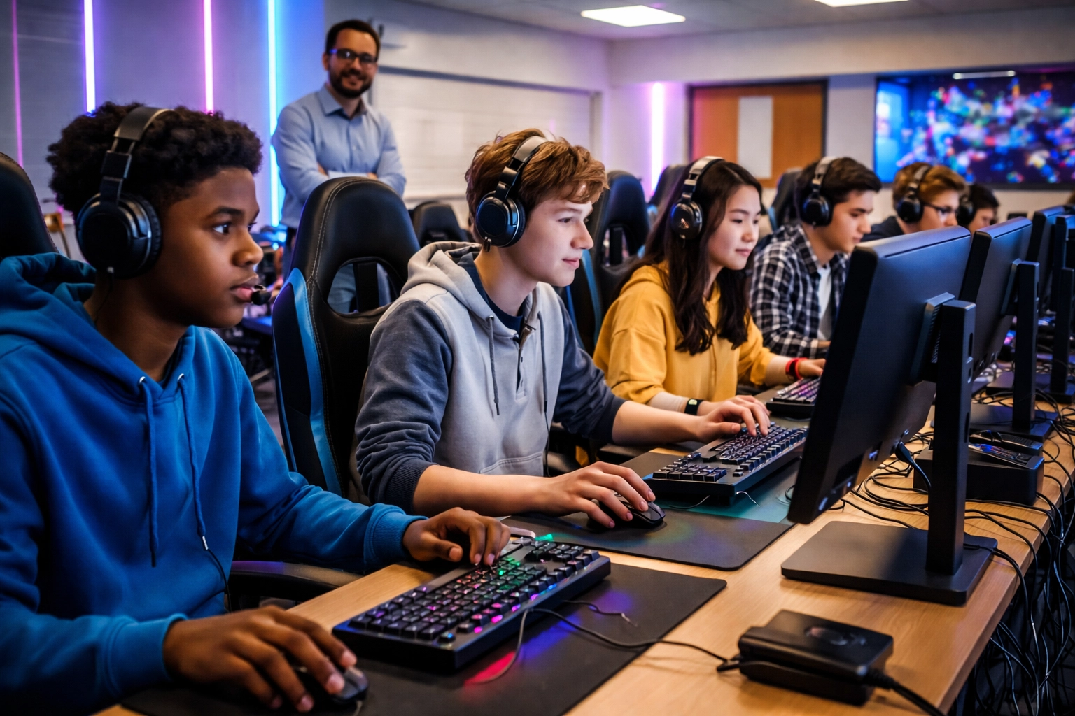 High school students competing in an esports tournament inside a modern school gaming lab