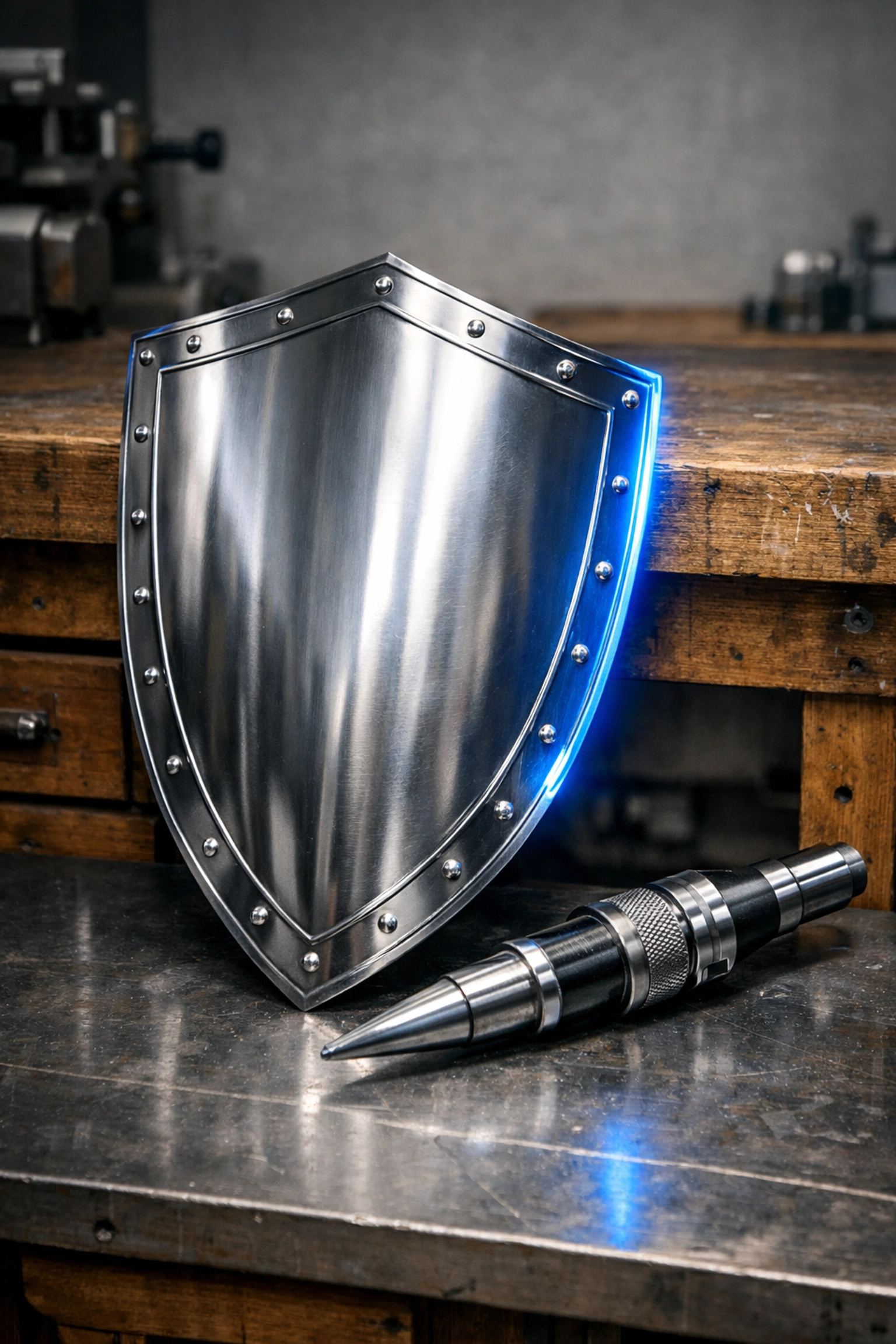 A metal shield and tool on a workbench symbolizing the Sword and Shield financial asset protection strategy.