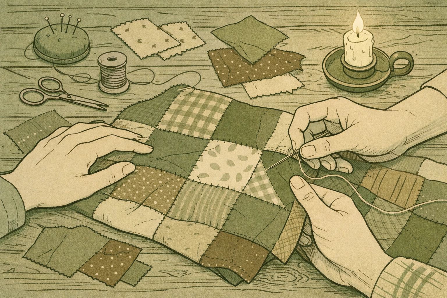 Hands stitching patchwork quilt representing love and connection in slavery era MM romance