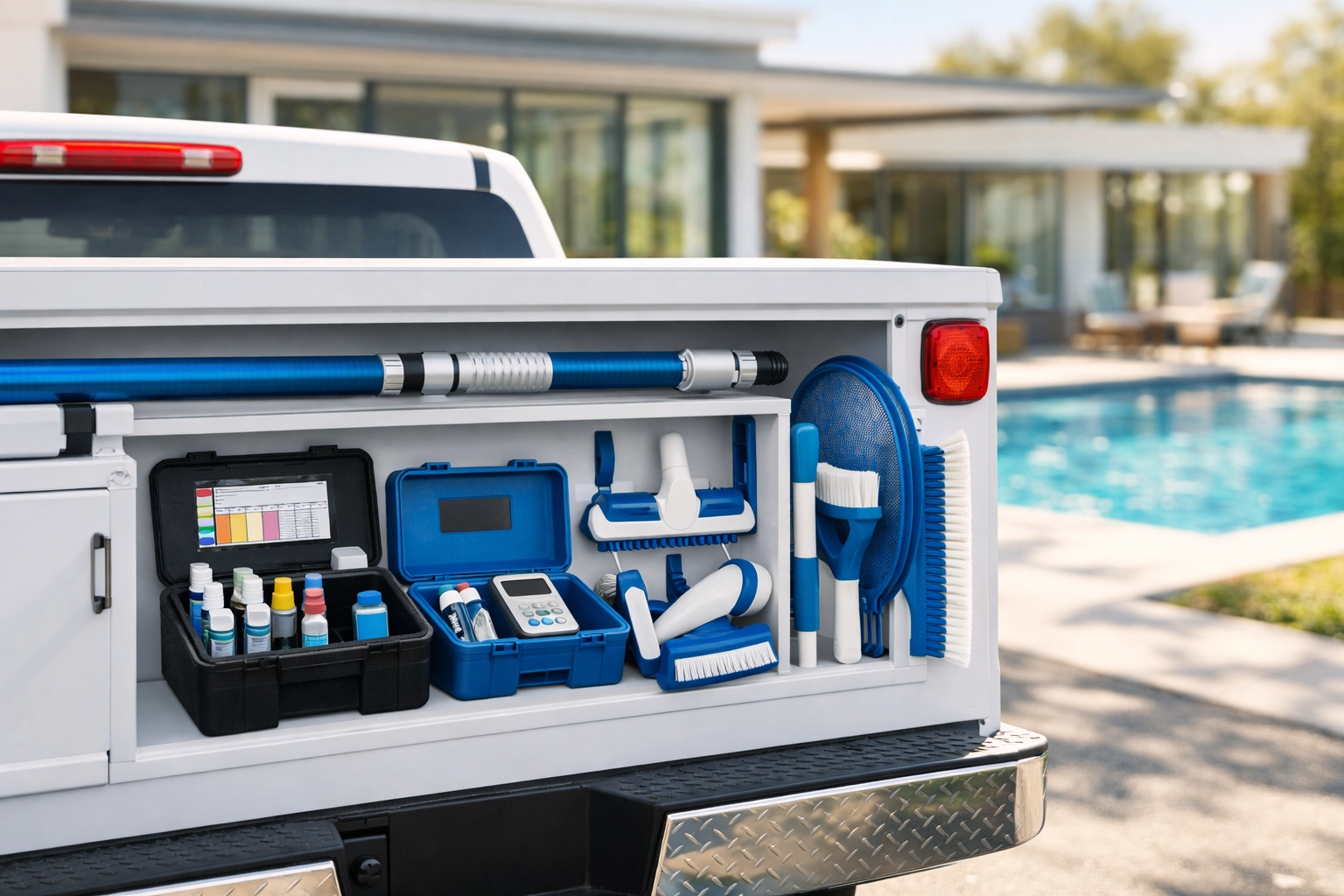 Close-up of professional pool service equipment and a truck parked at a dense residential pool cleaning route.
