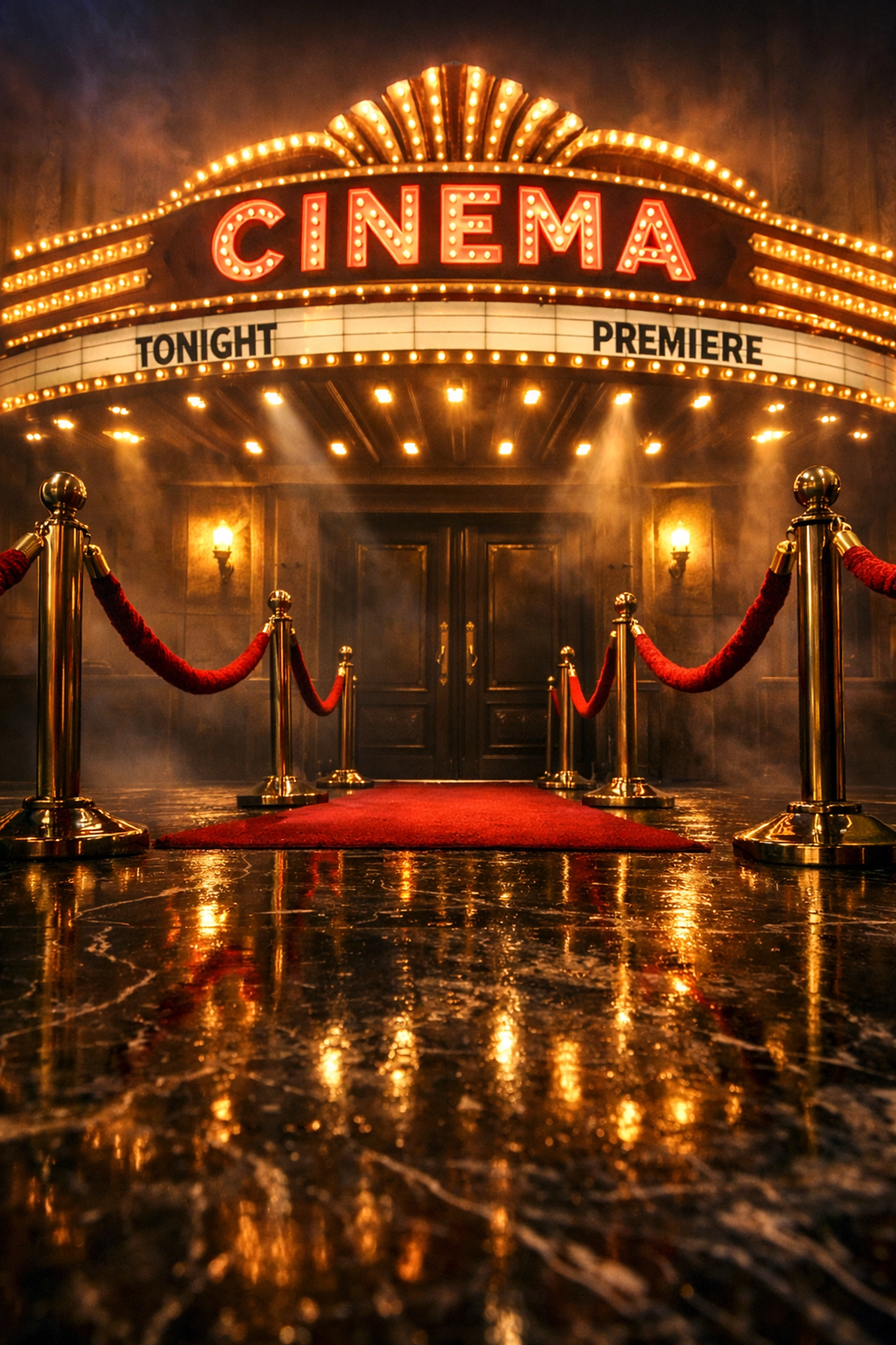 Classic cinema entrance with red velvet ropes for new weekend movie releases and IMAX premieres.