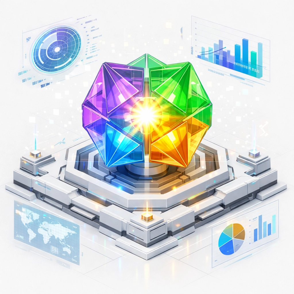 Vier vernetzte Module symbolisieren die Kernsäulen einer erfolgreichen KI-Strategie im Unternehmen.