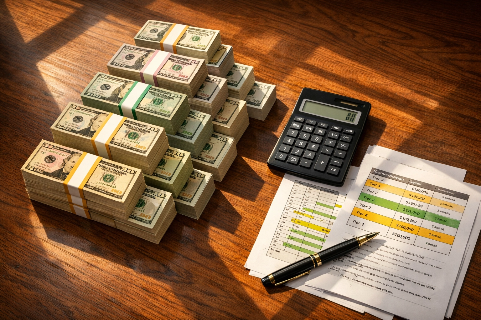 Tiered commission structure visualization with stacked currency and performance spreadsheets