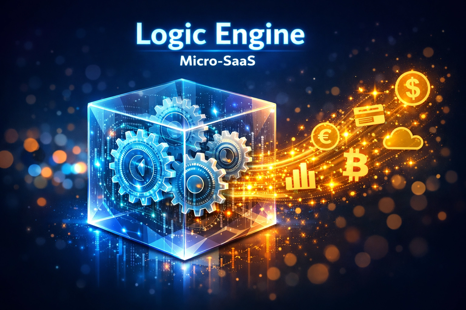 Glowing digital logic engine turning software code into currency symbols for Micro-SaaS profit.