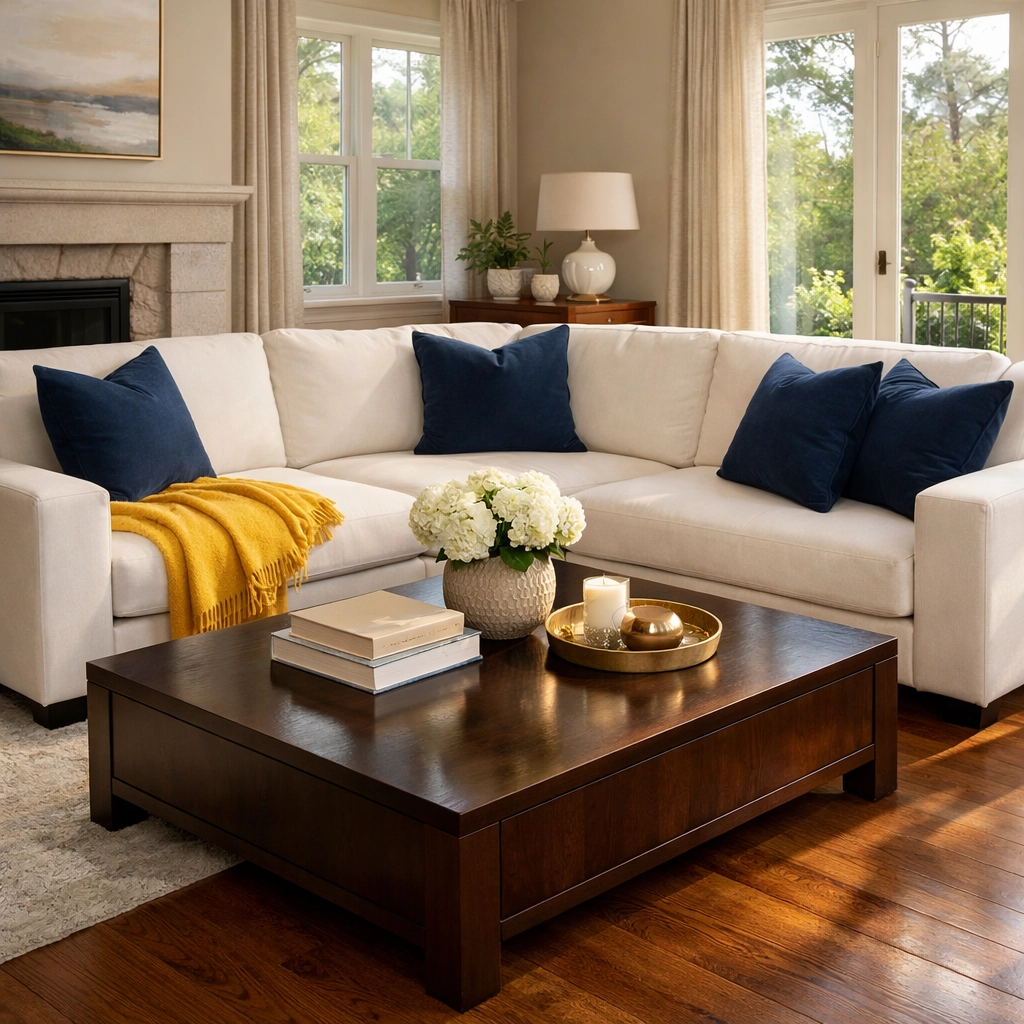 Spotless living room in Norwood showcasing professional weekly and bi weekly house cleaning services.