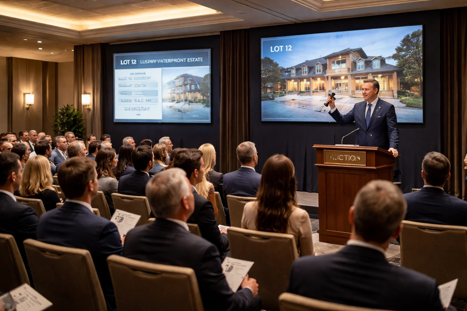 Photo-realistic modern auction room with bidders and a gavel, reflecting the transparency and speed of London property auctions for overseas and Kuwaiti investors.