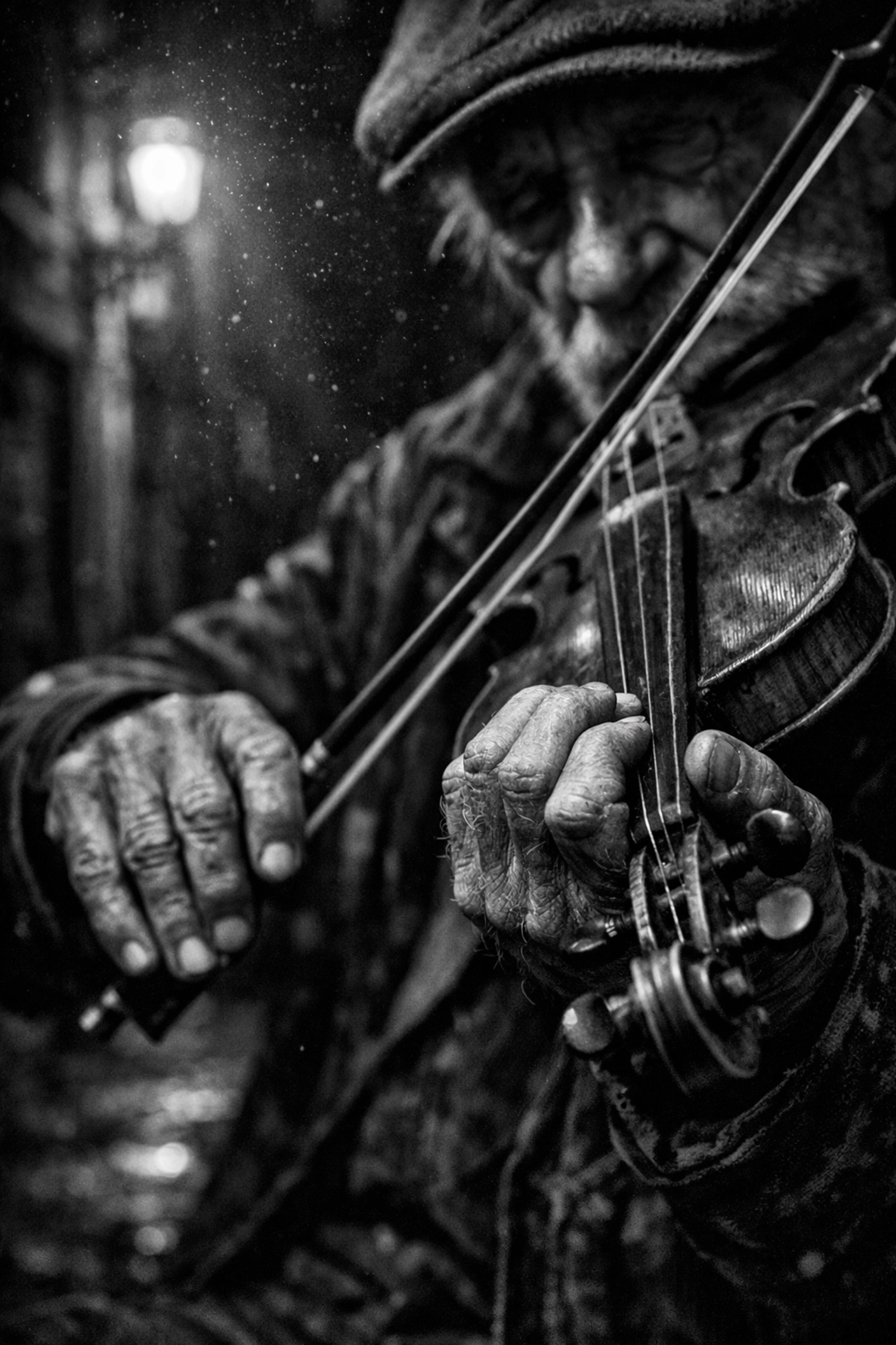 Black and white street photography of a musician's hands, capturing storytelling ideas and examples.