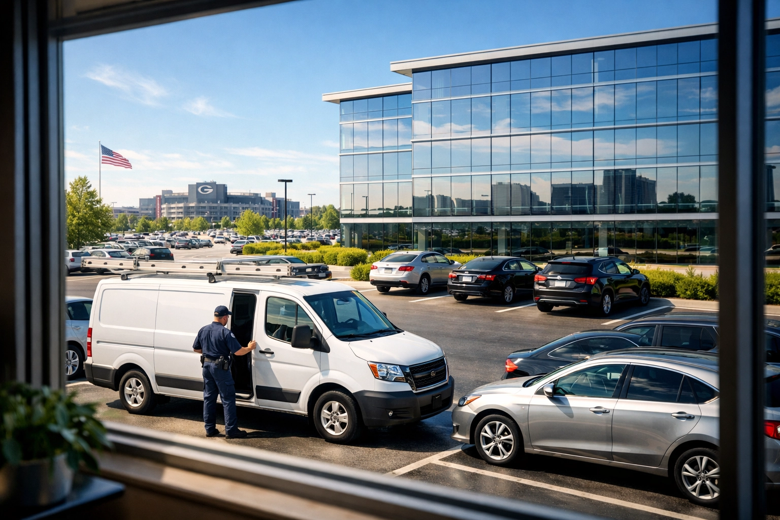 Mobile mechanic van performing onsite car repair at a Green Bay office to boost employee retention.