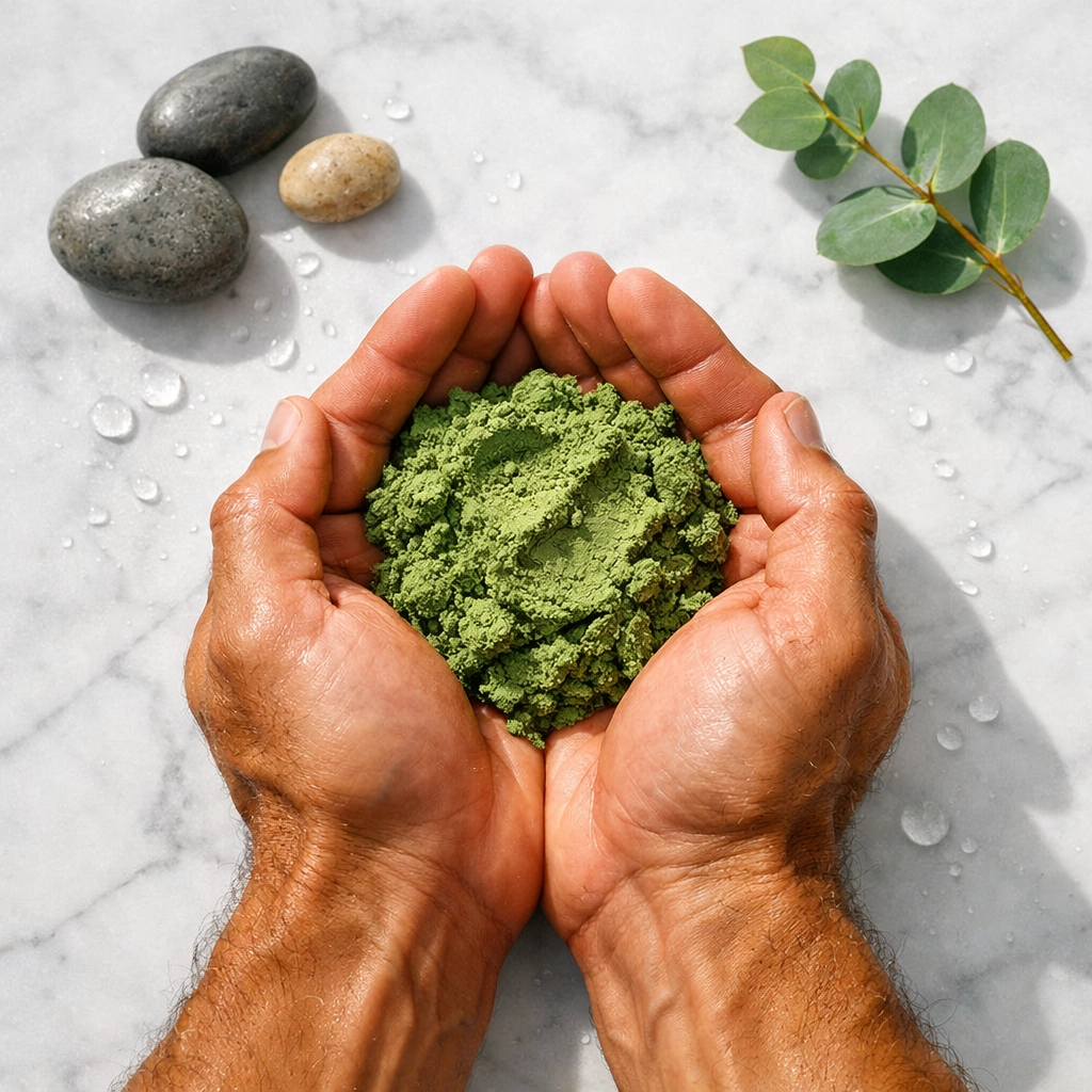 Athlete hands holding pure green French healing clay for natural recovery