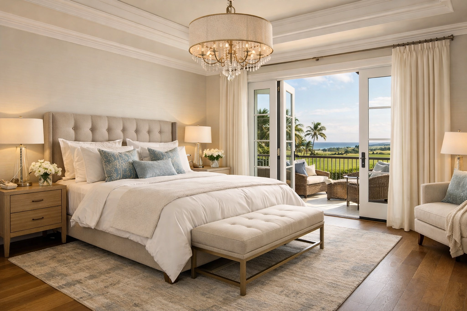 Physically staged luxury primary bedroom in high-end Florida home