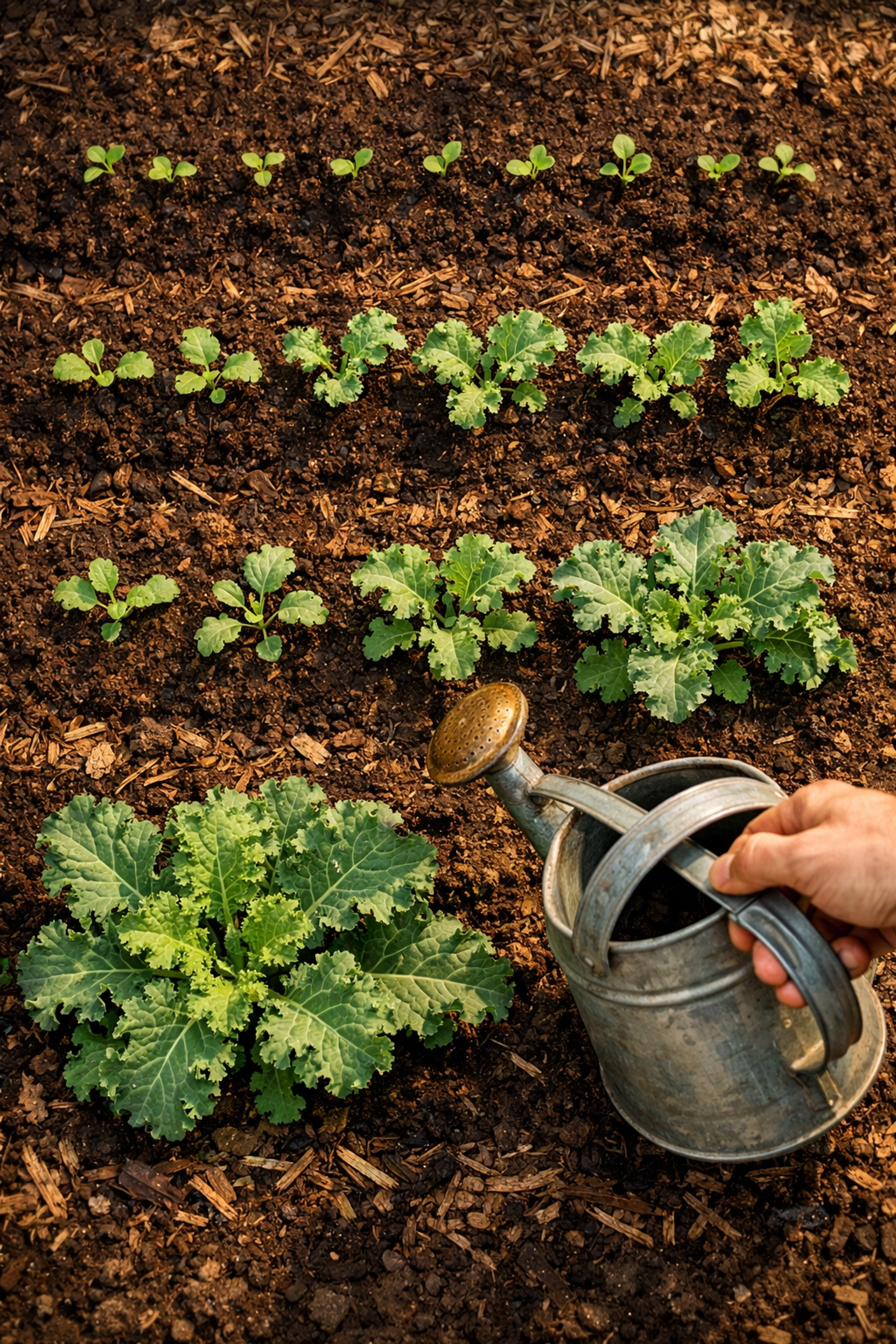 Young kale plants at various growth stages in garden bed with proper spacing and mulch