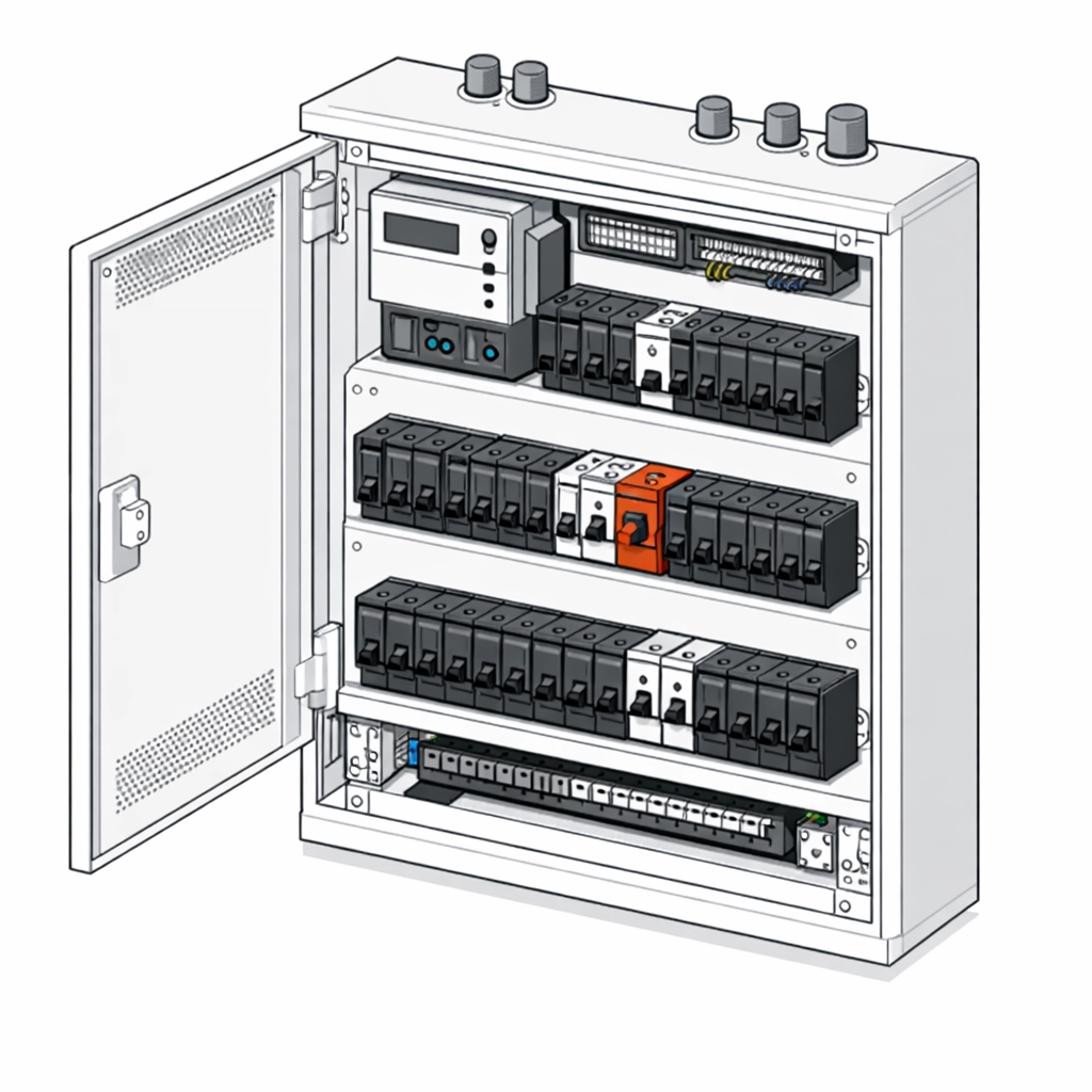 Moderner Elektro-Verteilerkasten mit FI-Schutzschalter für die sichere Wallbox Installation in Wien.