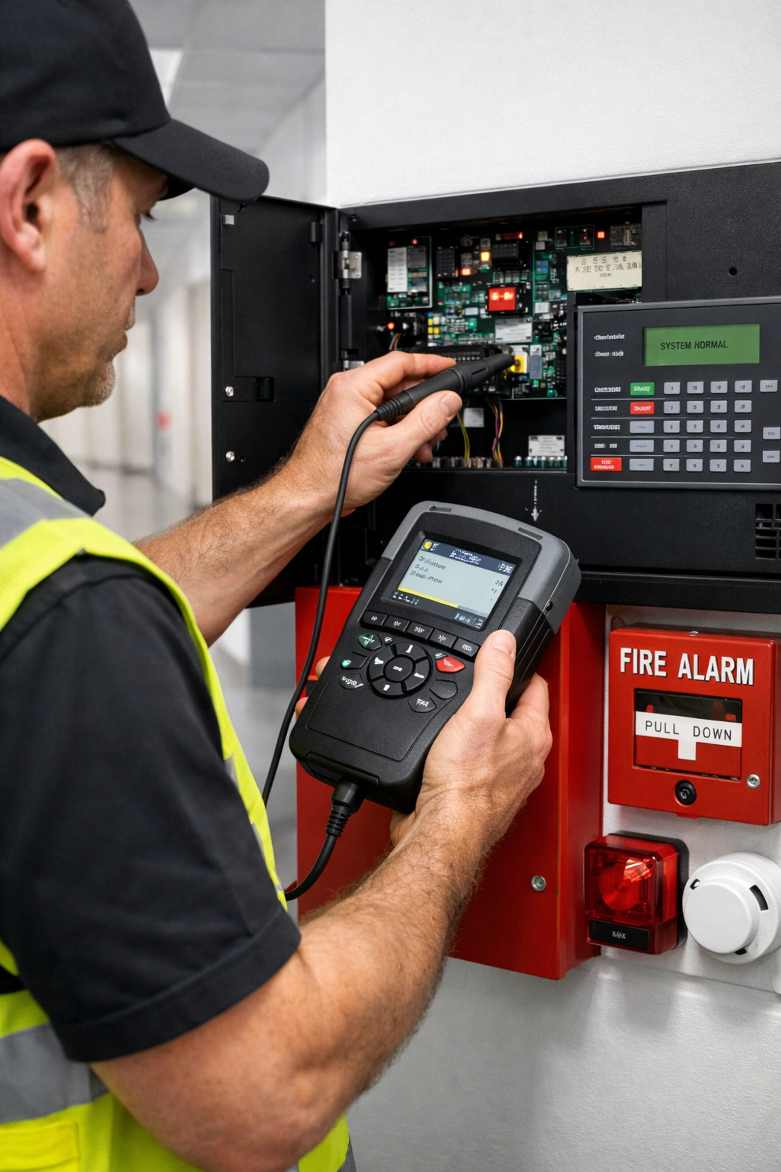 Professional security technician inspecting a fire safety control panel for property compliance.