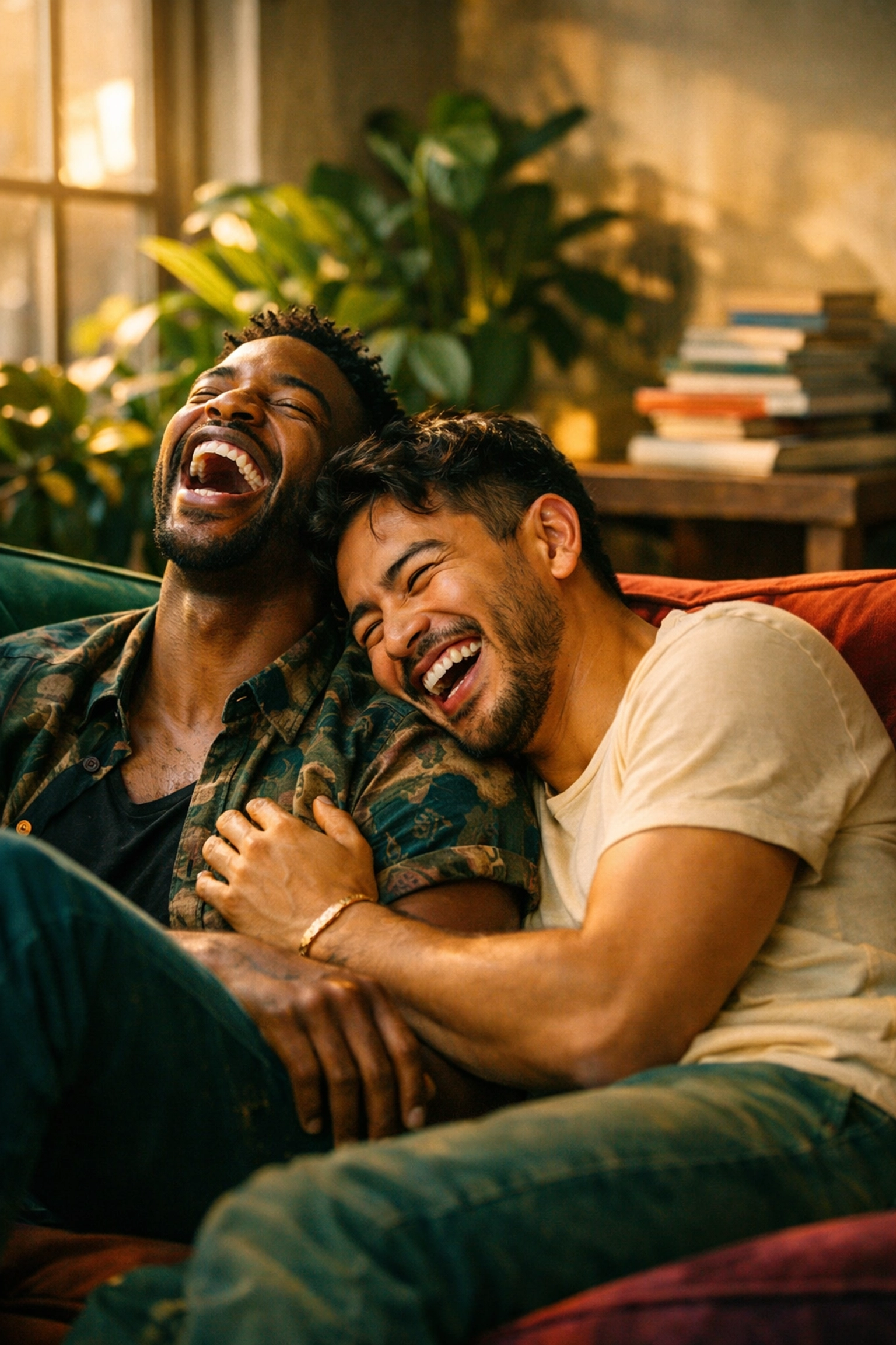 Diverse gay couple laughing on a sofa, representing future visions of queer joy and healing.